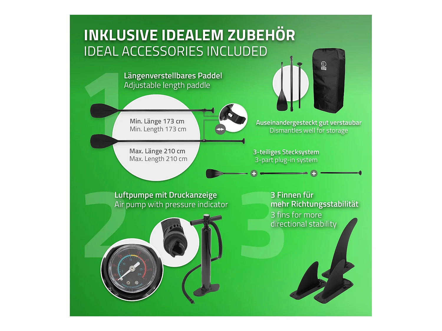 Planche stand up Makani 320x82x15 cm vert PVC gonflable jusqu'à 150 kg revêtement antidérapant avec pompe sac de transport kit de réparation pagaie