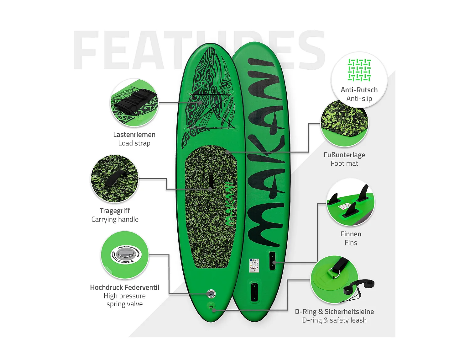 Planche stand up Makani 320x82x15 cm vert PVC gonflable jusqu'à 150 kg revêtement antidérapant avec pompe sac de transport kit de réparation pagaie