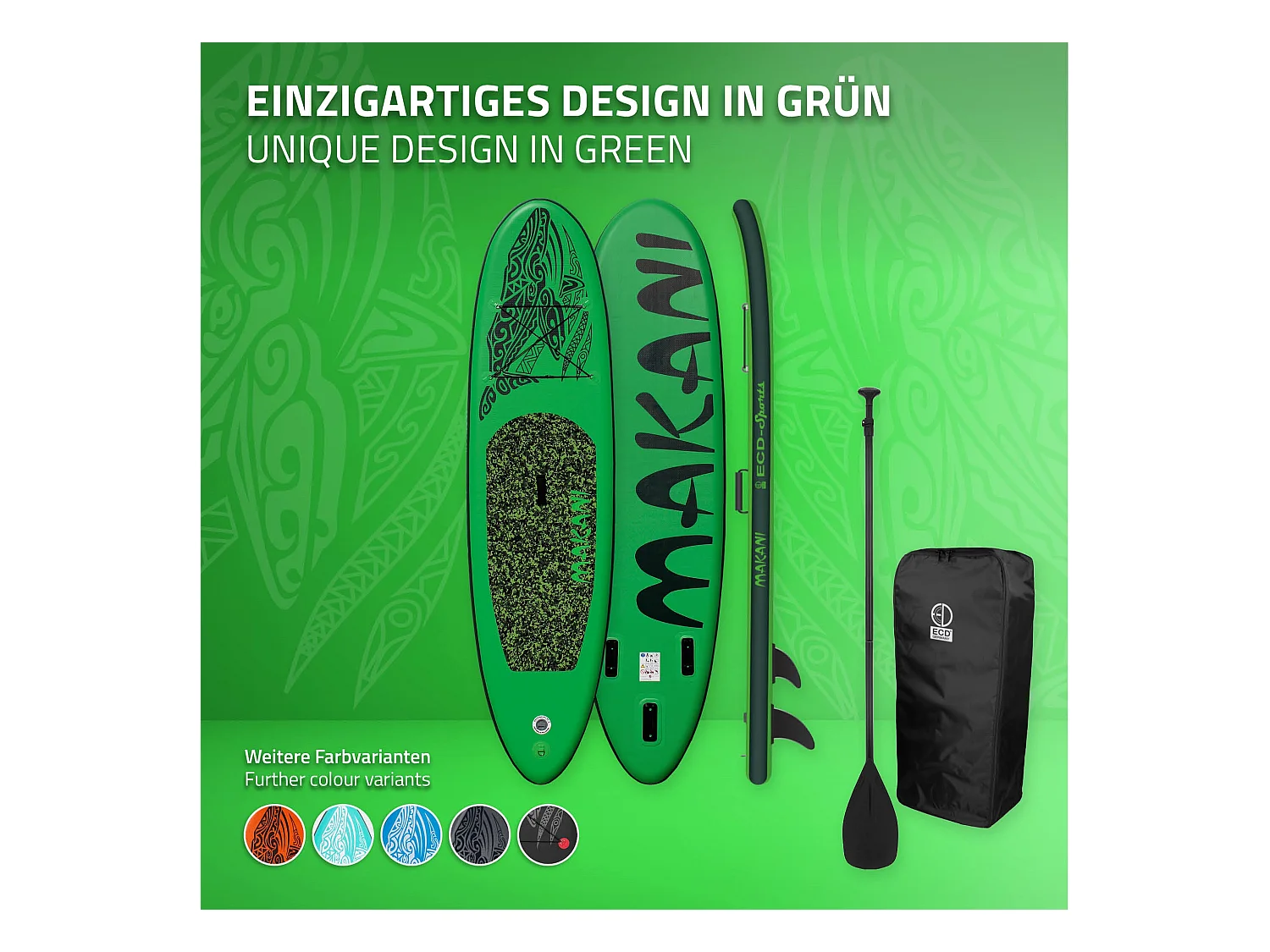 Planche stand up Makani 320x82x15 cm vert PVC gonflable jusqu'à 150 kg revêtement antidérapant avec pompe sac de transport kit de réparation pagaie
