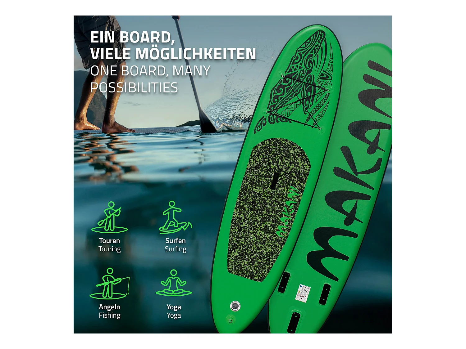 Planche stand up Makani 320x82x15 cm vert PVC gonflable jusqu'à 150 kg revêtement antidérapant avec pompe sac de transport kit de réparation pagaie