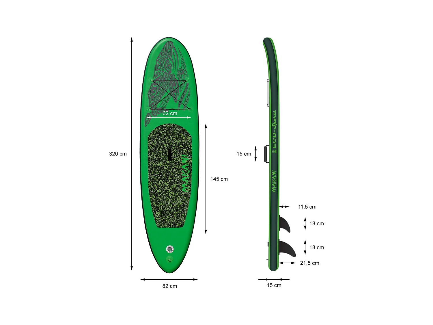 Planche stand up Makani 320x82x15 cm vert PVC gonflable jusqu'à 150 kg revêtement antidérapant avec pompe sac de transport kit de réparation pagaie