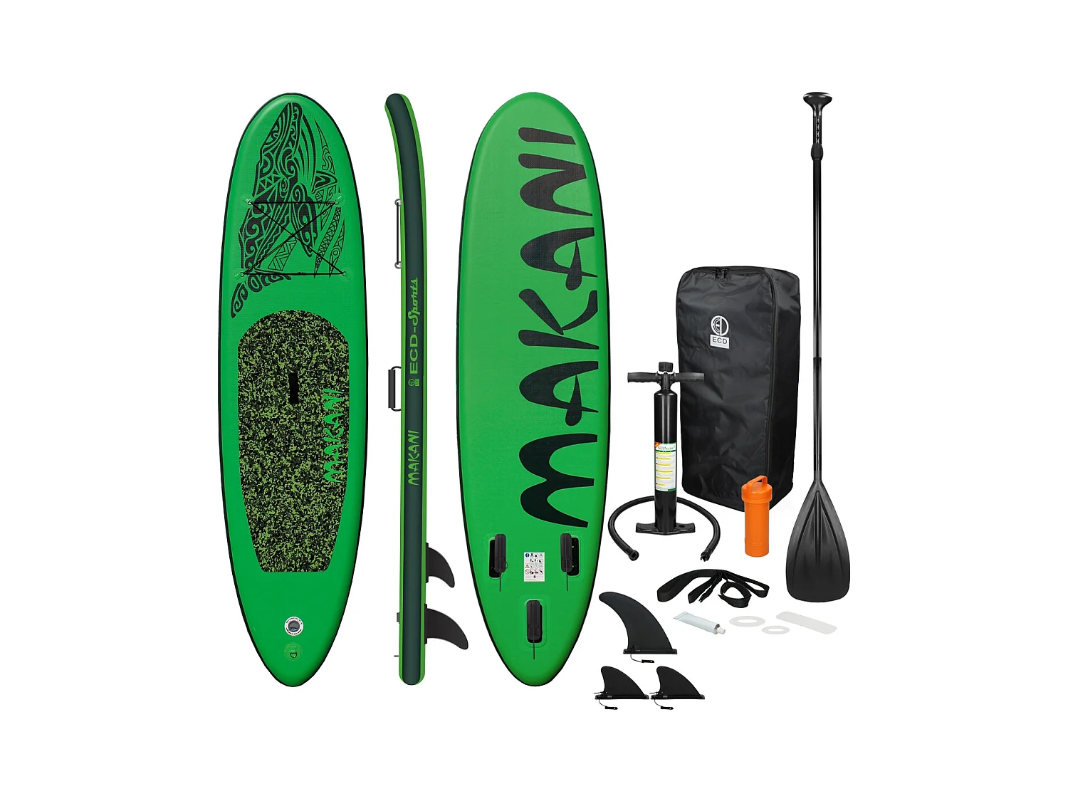 ECD Germany Tabla hinchable de paddle surf SUP Makani 320 x 80 x 15 cm de PVC verde hasta 120kg con bomba de aire, bolsa de transporte y accesorios