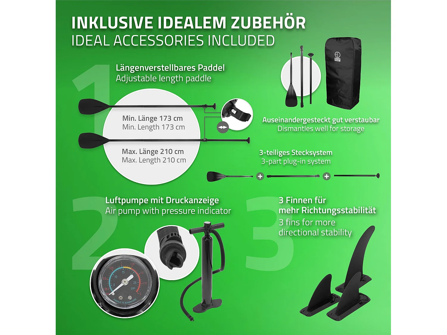 Planche stand up Makani 320x82x15 cm vert PVC gonflable jusqu'à 150 kg revêtement antidérapant avec pompe sac de transport kit de réparation pagaie