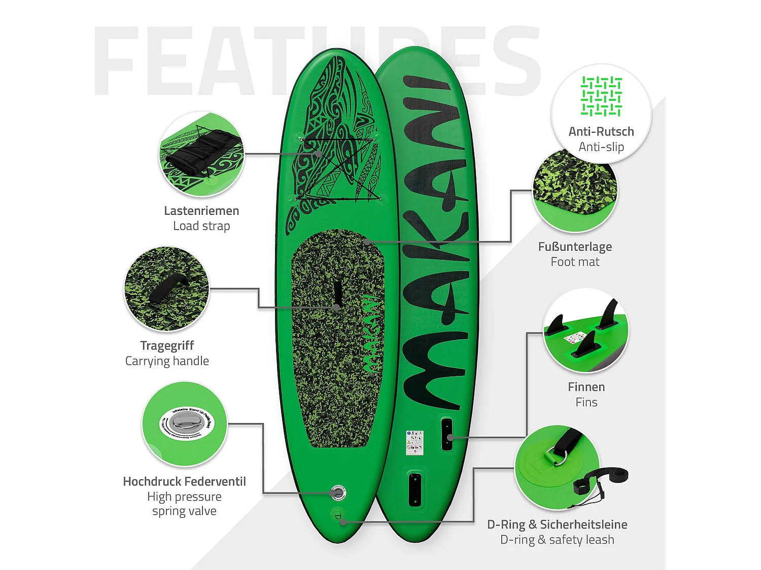 Planche stand up Makani 320x82x15 cm vert PVC gonflable jusqu'à 150 kg revêtement antidérapant avec pompe sac de transport kit de réparation pagaie