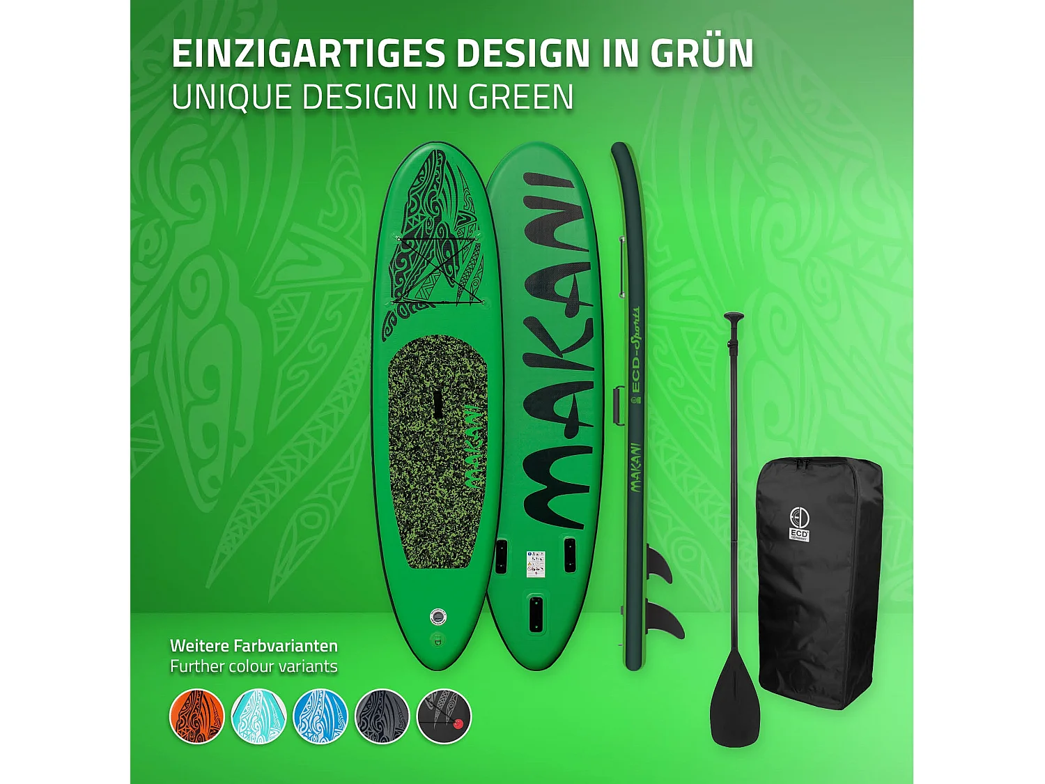 Planche stand up Makani 320x82x15 cm vert PVC gonflable jusqu'à 150 kg revêtement antidérapant avec pompe sac de transport kit de réparation pagaie
