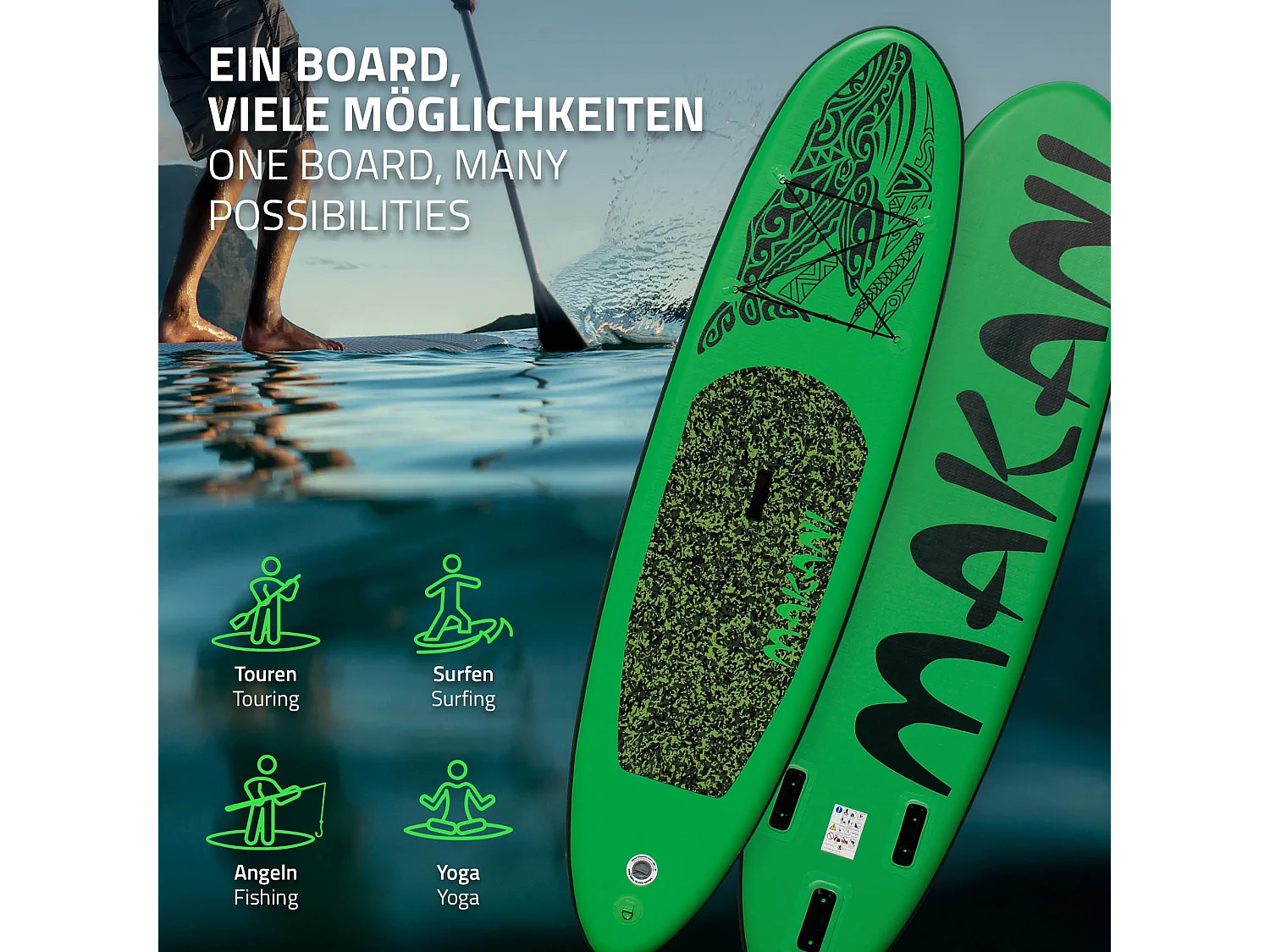 Planche stand up Makani 320x82x15 cm vert PVC gonflable jusqu'à 150 kg revêtement antidérapant avec pompe sac de transport kit de réparation pagaie