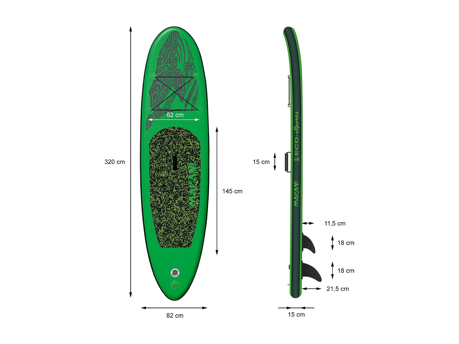 Planche stand up Makani 320x82x15 cm vert PVC gonflable jusqu'à 150 kg revêtement antidérapant avec pompe sac de transport kit de réparation pagaie