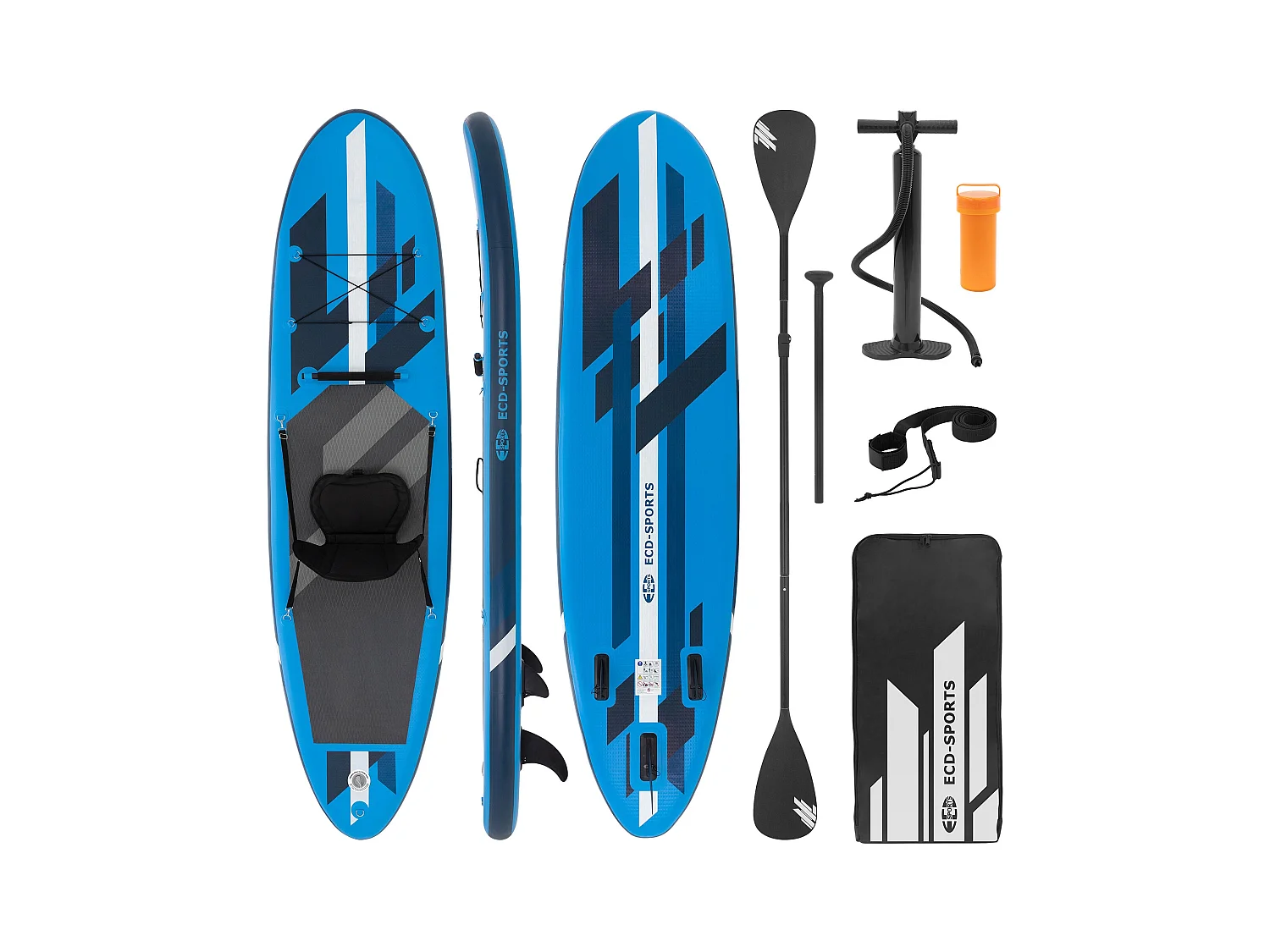 ECD Germany Tabla hinchable de paddle surf SUP 320x82x15 cm PVC azul hasta 120kg con asiento de kayak, bomba de aire, bolsa de transporte y accesorios
