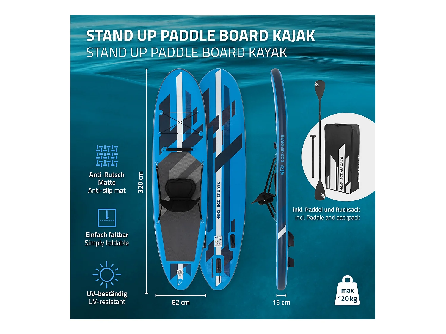 ECD Germany Tabla hinchable de paddle surf SUP 320x82x15 cm PVC azul hasta 120kg con asiento de kayak, bomba de aire, bolsa de transporte y accesorios