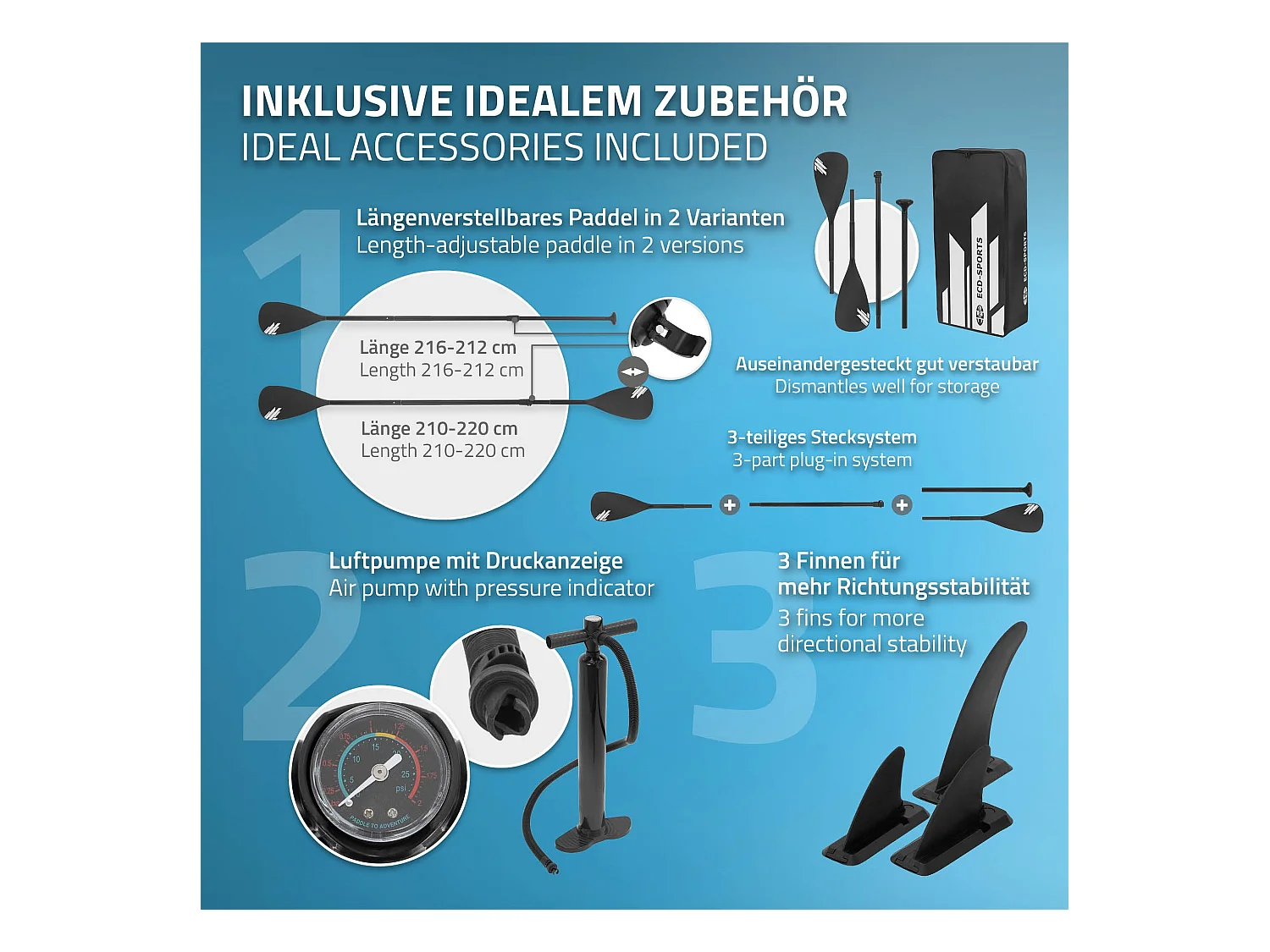 ECD Germany Tabla hinchable de paddle surf SUP 320x82x15 cm PVC azul hasta 120kg con asiento de kayak, bomba de aire, bolsa de transporte y accesorios