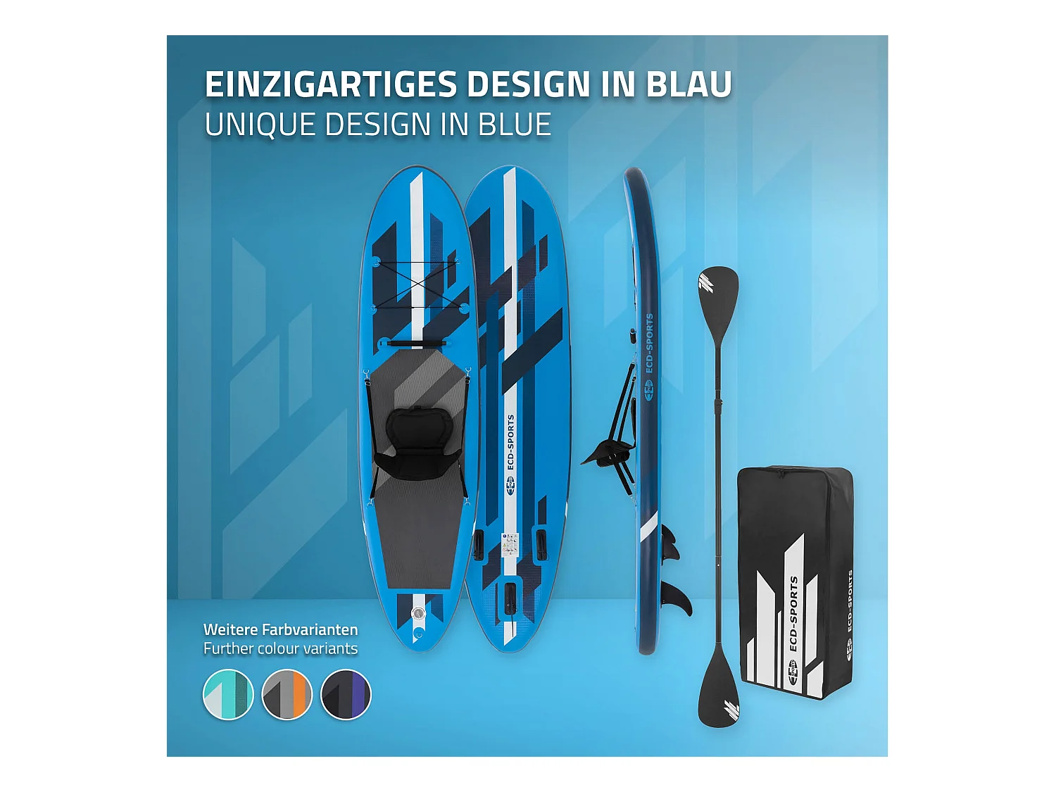 ECD Germany Tabla hinchable de paddle surf SUP 320x82x15 cm PVC azul hasta 120kg con asiento de kayak, bomba de aire, bolsa de transporte y accesorios