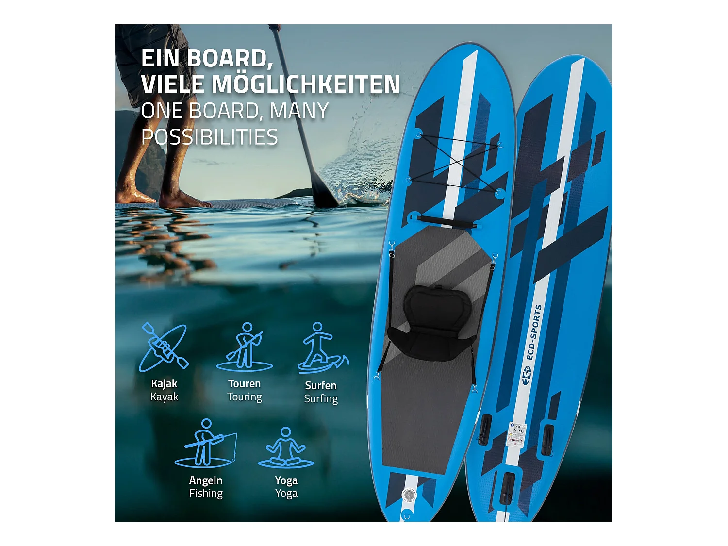 ECD Germany Tabla hinchable de paddle surf SUP 320x82x15 cm PVC azul hasta 120kg con asiento de kayak, bomba de aire, bolsa de transporte y accesorios