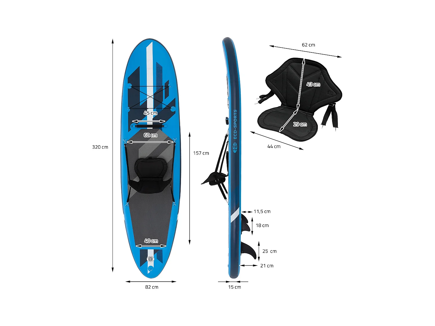 ECD Germany Tabla hinchable de paddle surf SUP 320x82x15 cm PVC azul hasta 120kg con asiento de kayak, bomba de aire, bolsa de transporte y accesorios