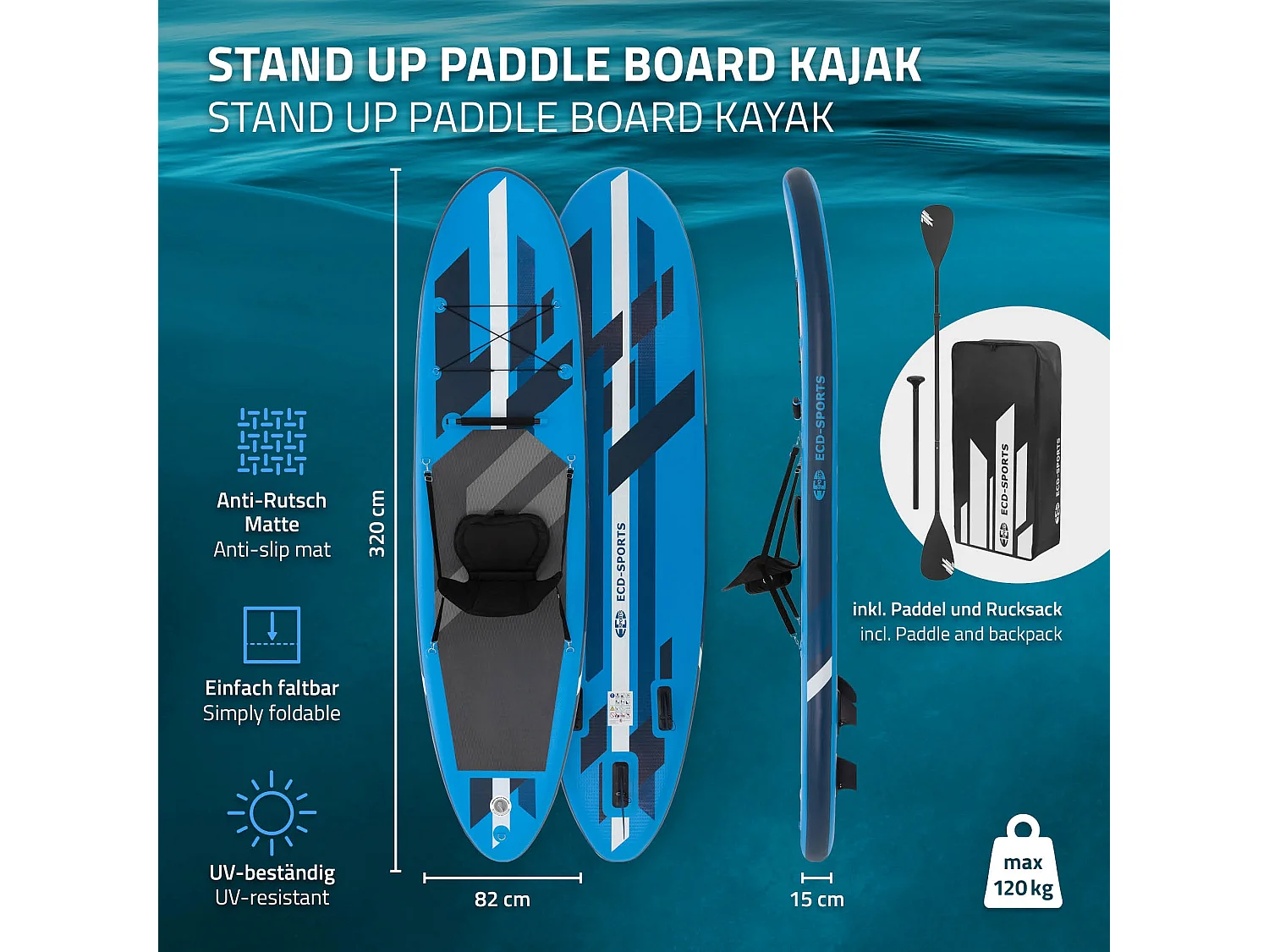Planche stand up Kayak 320 x 82 x 15 cm bleu PVC gonflable jusqu'à 120kg revêtement antidérapant avec pompe sac de transport kit de réparation pagaie