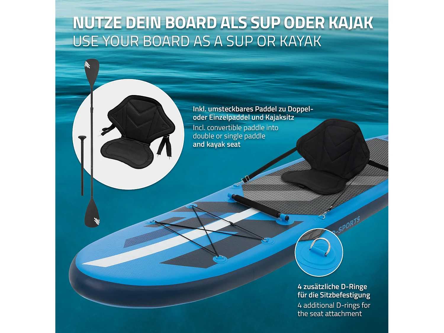 Planche stand up Kayak 320 x 82 x 15 cm bleu PVC gonflable jusqu'à 120kg revêtement antidérapant avec pompe sac de transport kit de réparation pagaie