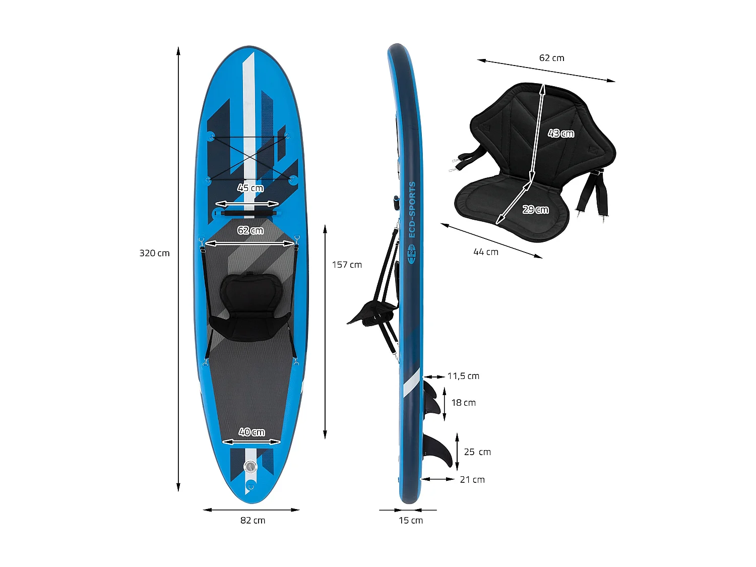 Planche stand up Kayak 320 x 82 x 15 cm bleu PVC gonflable jusqu'à 120kg revêtement antidérapant avec pompe sac de transport kit de réparation pagaie