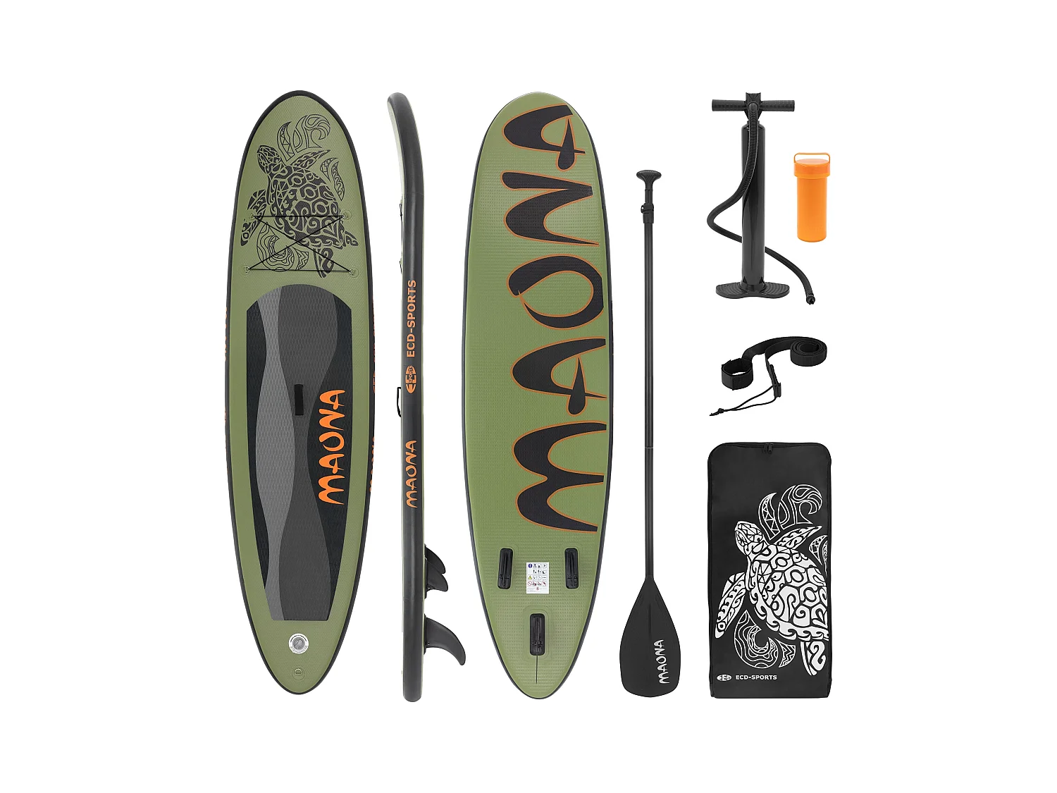 Planche stand up Maona 308x78x10 cm olive PVC gonflable jusqu'à 120kg revêtement antidérapant avec pompe sac de transport kit de réparation pagaie