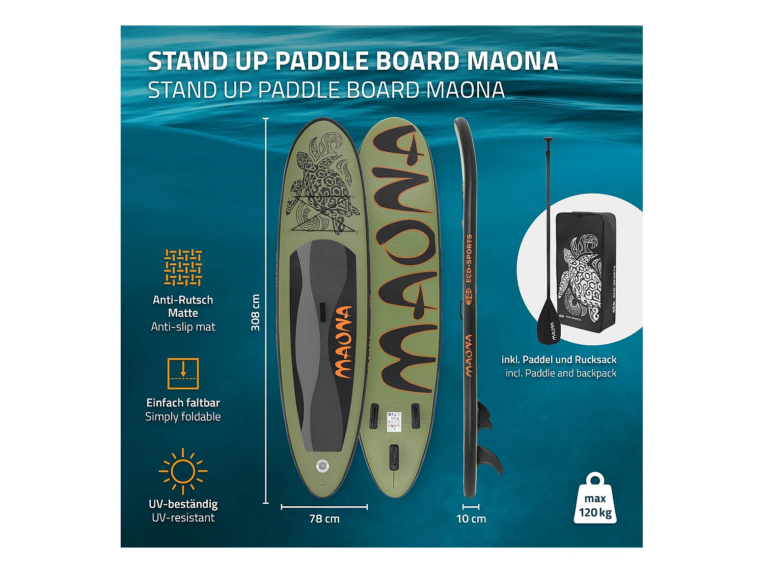 Planche stand up Maona 308x78x10 cm olive PVC gonflable jusqu'à 120kg revêtement antidérapant avec pompe sac de transport kit de réparation pagaie