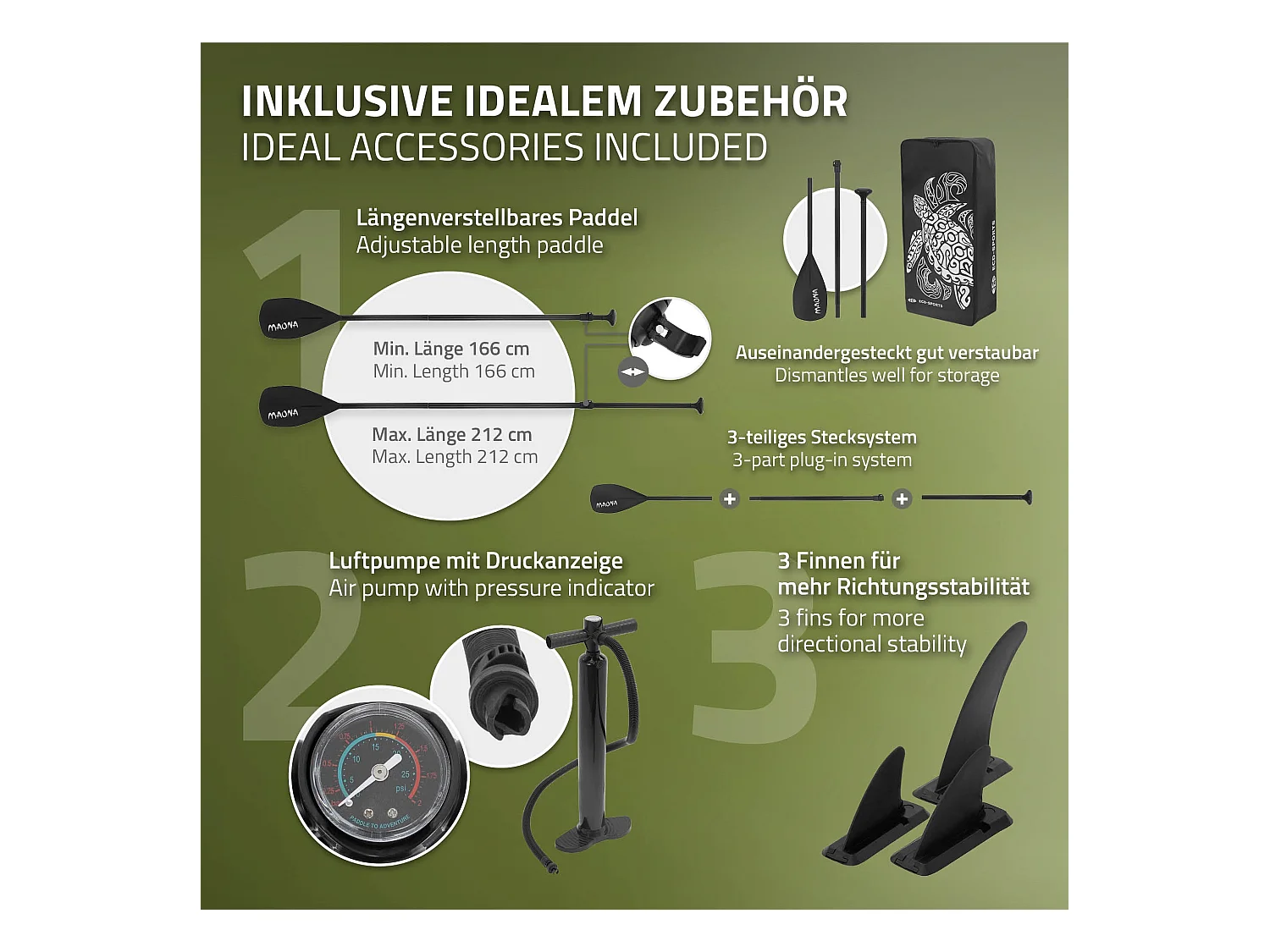 Planche stand up Maona 308x78x10 cm olive PVC gonflable jusqu'à 120kg revêtement antidérapant avec pompe sac de transport kit de réparation pagaie