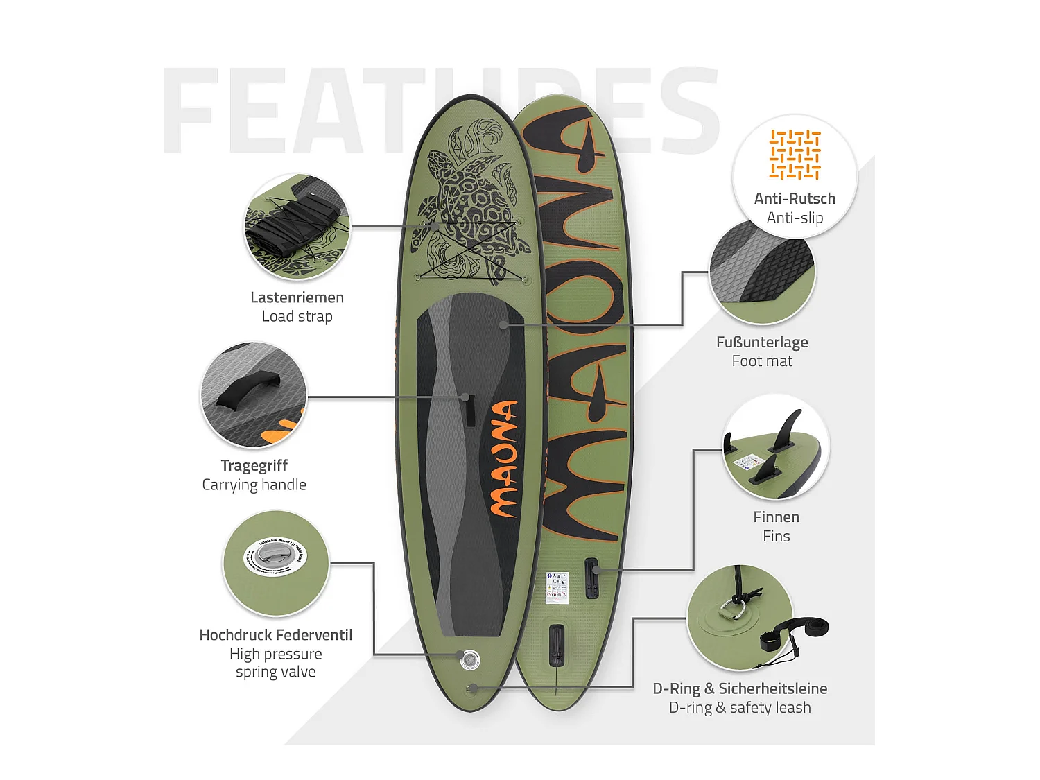 Planche stand up Maona 308x78x10 cm olive PVC gonflable jusqu'à 120kg revêtement antidérapant avec pompe sac de transport kit de réparation pagaie