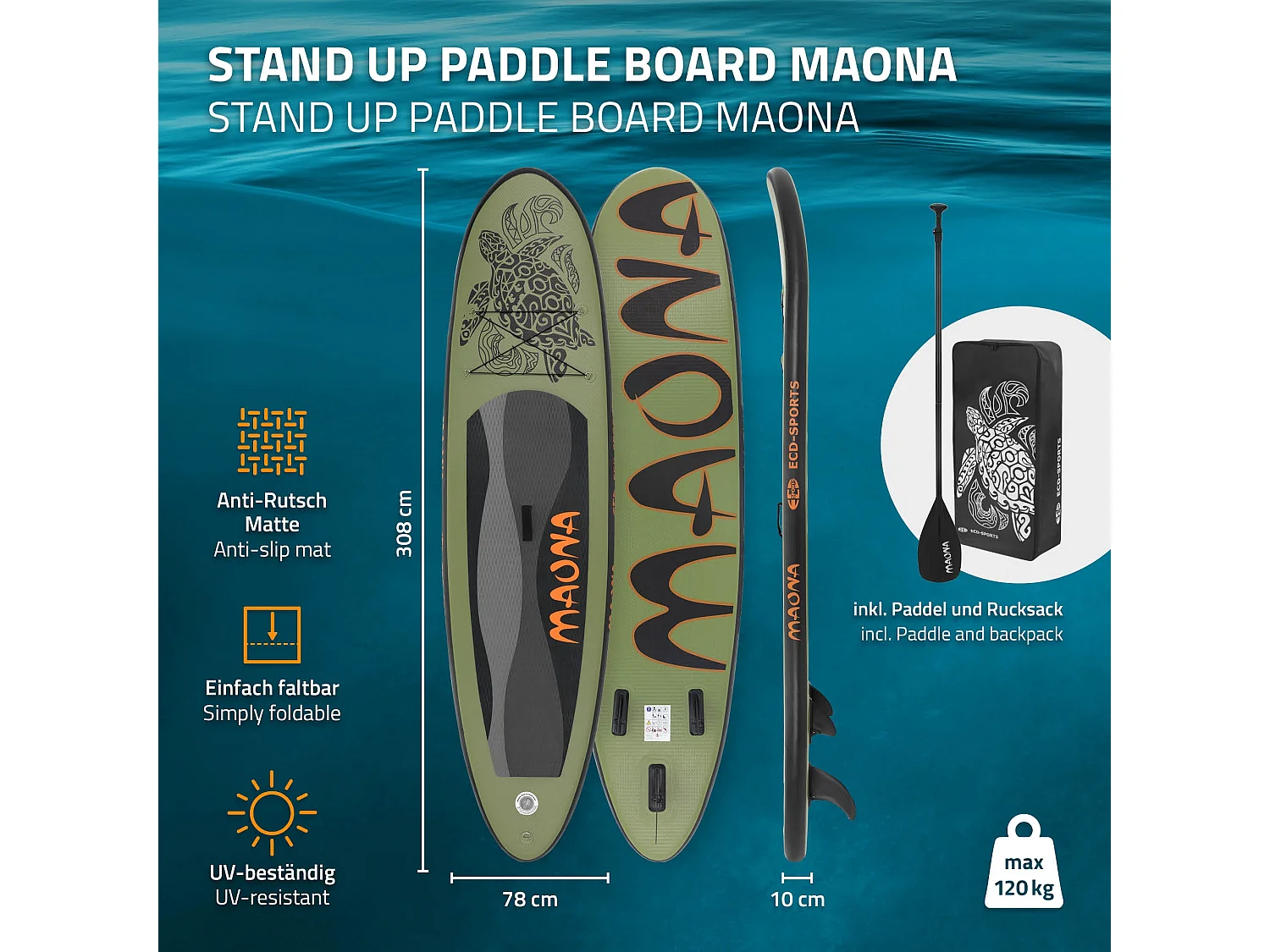 Planche stand up Maona 308x78x10 cm olive PVC gonflable jusqu'à 120kg revêtement antidérapant avec pompe sac de transport kit de réparation pagaie