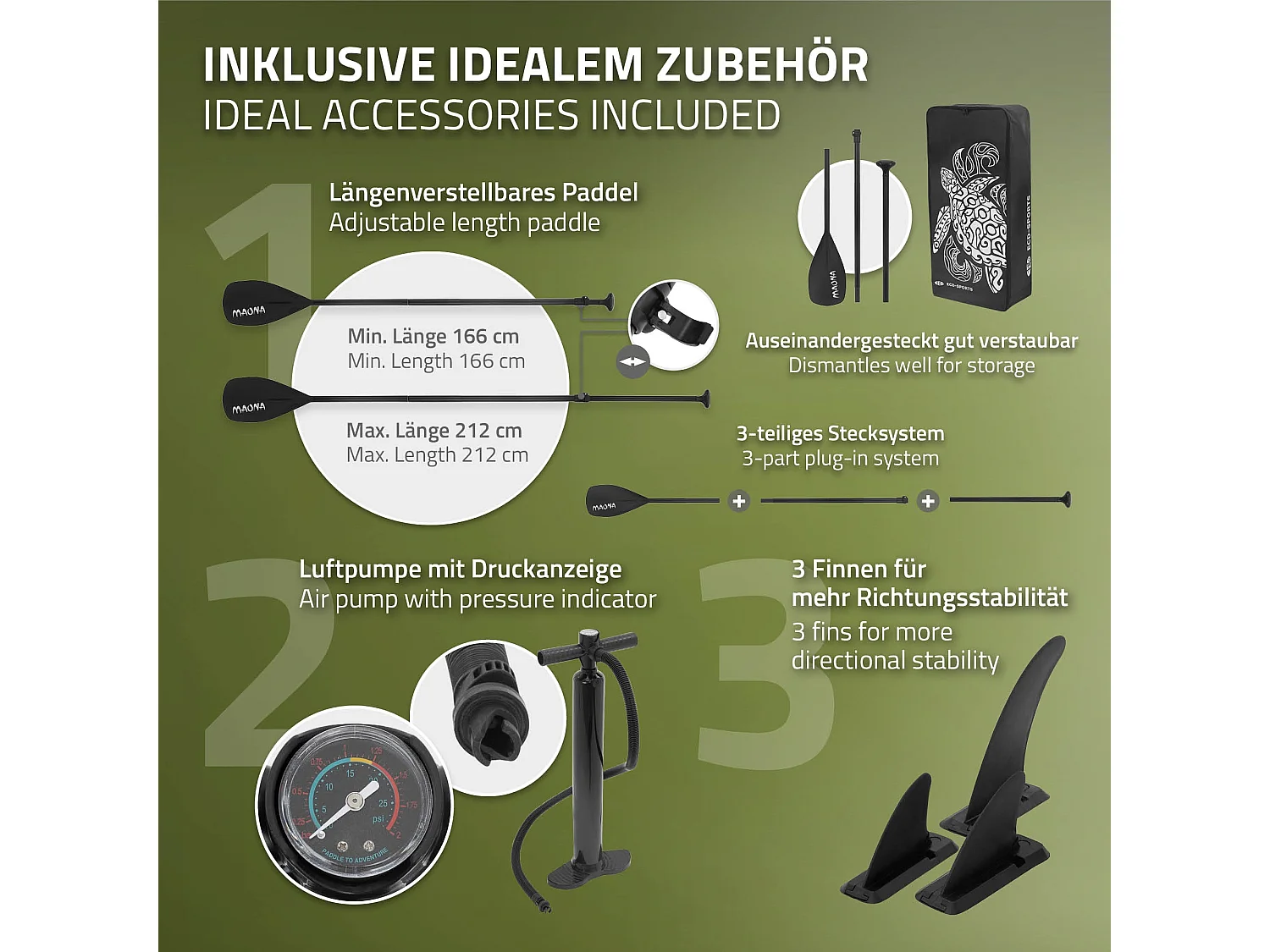 Planche stand up Maona 308x78x10 cm olive PVC gonflable jusqu'à 120kg revêtement antidérapant avec pompe sac de transport kit de réparation pagaie
