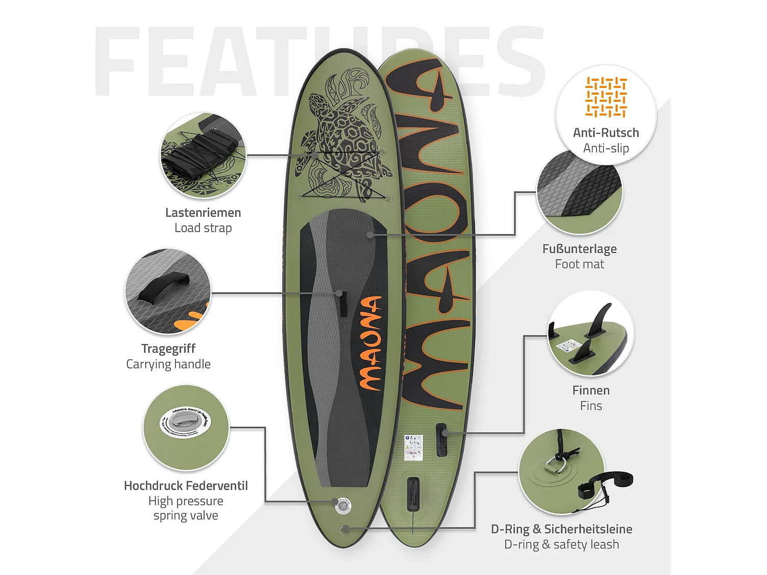 Planche stand up Maona 308x78x10 cm olive PVC gonflable jusqu'à 120kg revêtement antidérapant avec pompe sac de transport kit de réparation pagaie