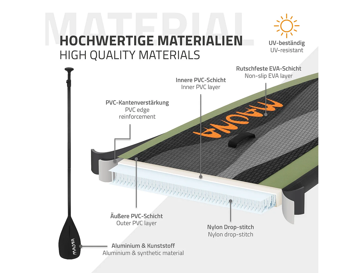 Planche stand up Maona 308x78x10 cm olive PVC gonflable jusqu'à 120kg revêtement antidérapant avec pompe sac de transport kit de réparation pagaie