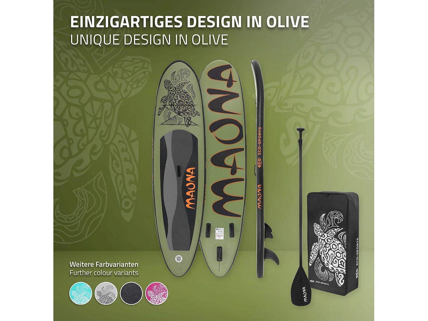 Planche stand up Maona 308x78x10 cm olive PVC gonflable jusqu'à 120kg revêtement antidérapant avec pompe sac de transport kit de réparation pagaie