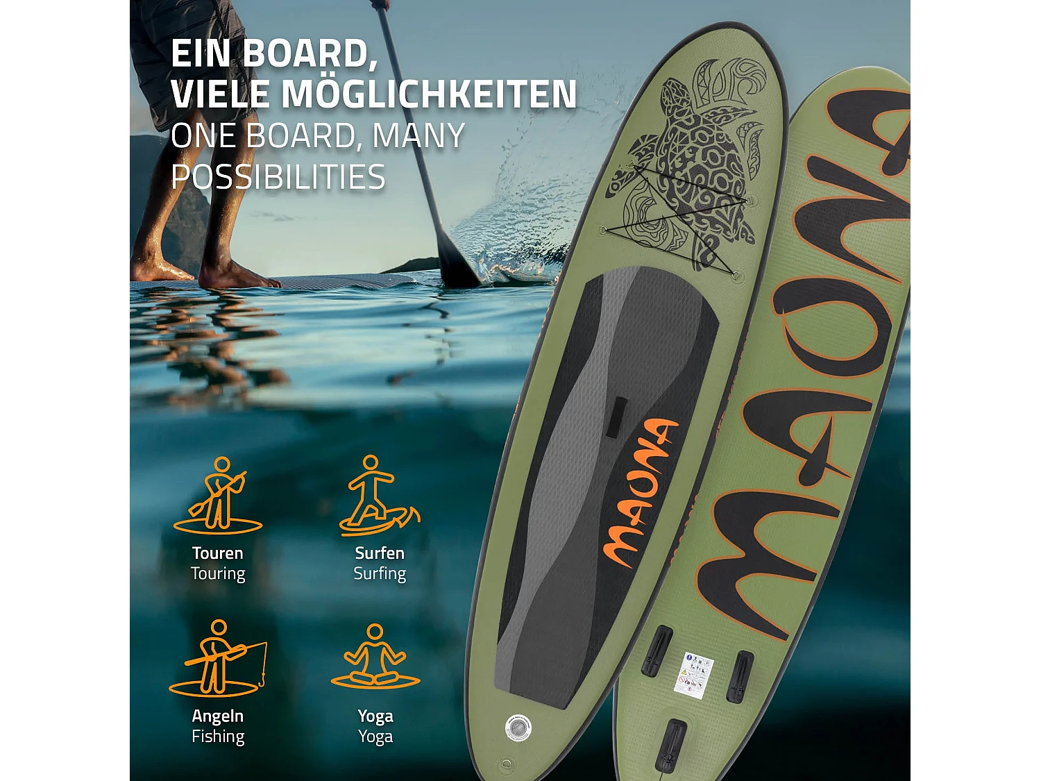 Planche stand up Maona 308x78x10 cm olive PVC gonflable jusqu'à 120kg revêtement antidérapant avec pompe sac de transport kit de réparation pagaie