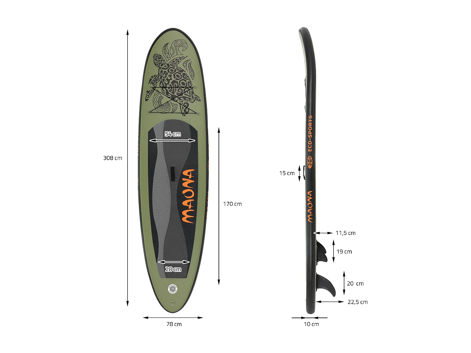 Planche stand up Maona 308x78x10 cm olive PVC gonflable jusqu'à 120kg revêtement antidérapant avec pompe sac de transport kit de réparation pagaie