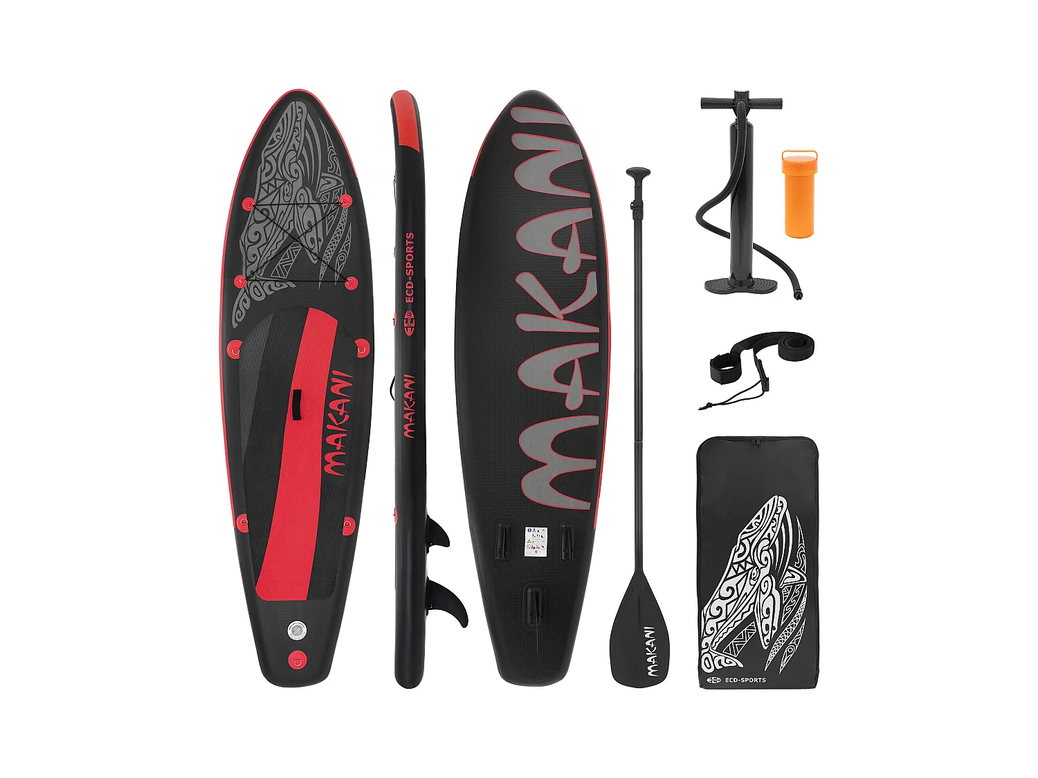 Planche stand up Makani 320x80x15 cm noir-rouge PVC gonflable jusqu'à 120 kg revêtement antidérapant avec pompe sac de transport kit réparation pagaie
