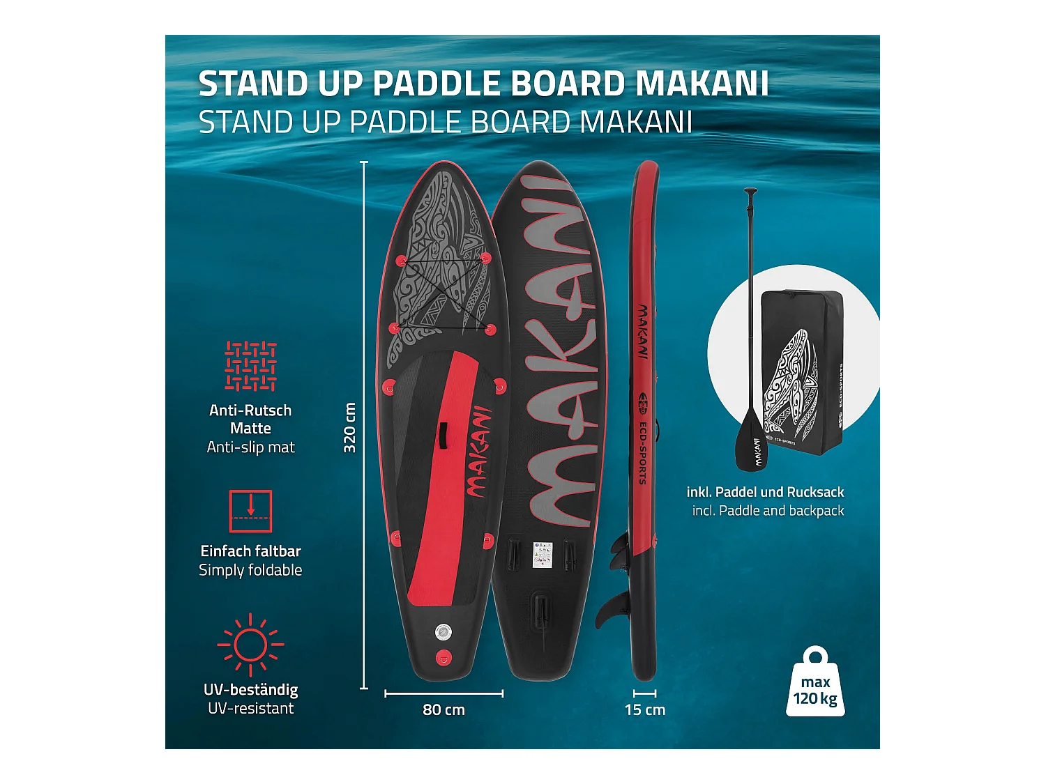 Planche stand up Makani 320x80x15 cm noir-rouge PVC gonflable jusqu'à 120 kg revêtement antidérapant avec pompe sac de transport kit réparation pagaie
