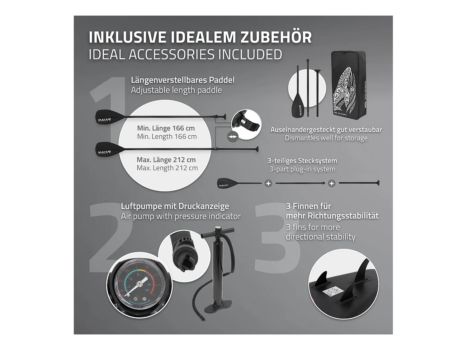 Planche stand up Makani 320x80x15 cm noir-rouge PVC gonflable jusqu'à 120 kg revêtement antidérapant avec pompe sac de transport kit réparation pagaie