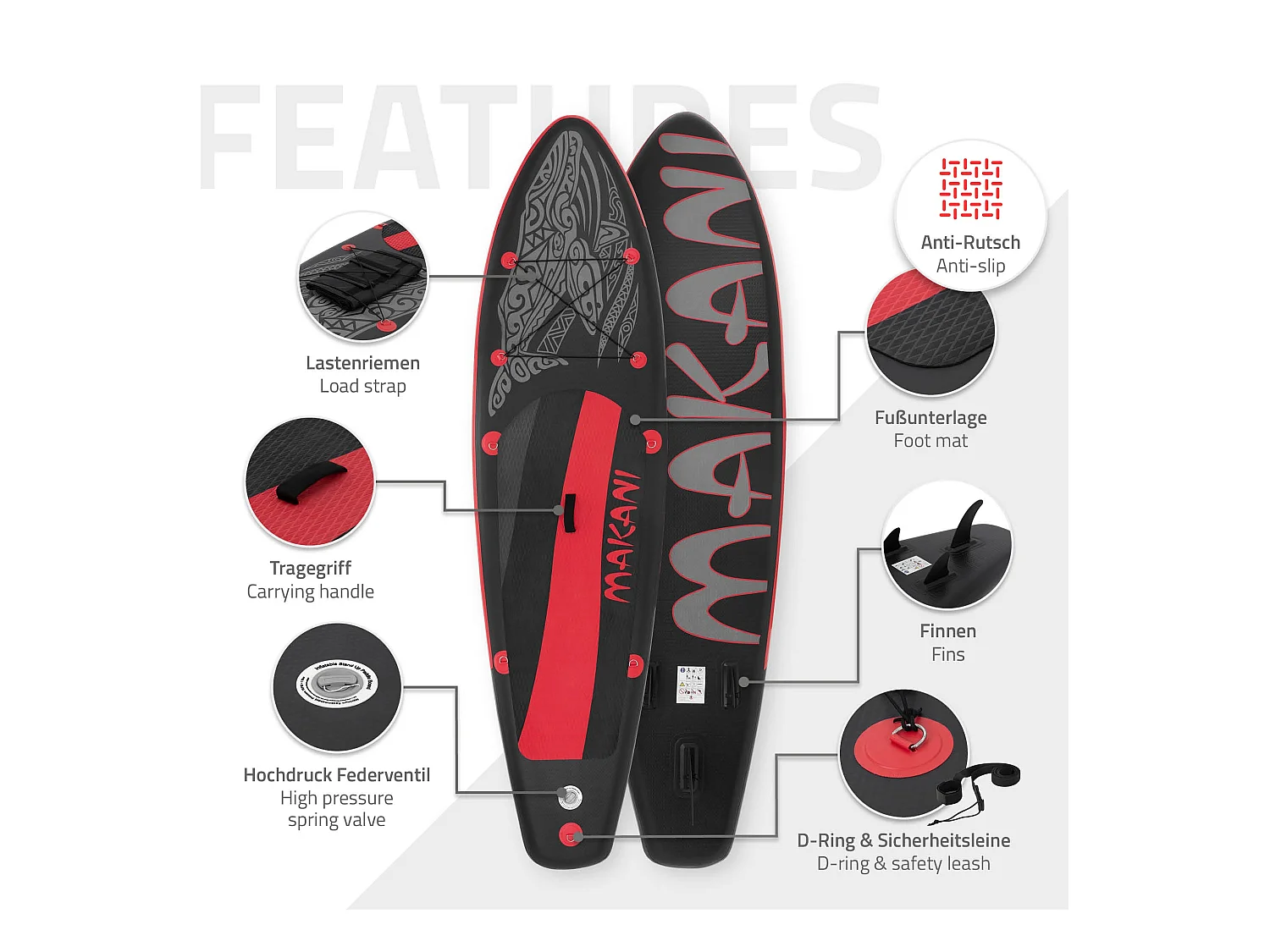 Planche stand up Makani 320x80x15 cm noir-rouge PVC gonflable jusqu'à 120 kg revêtement antidérapant avec pompe sac de transport kit réparation pagaie