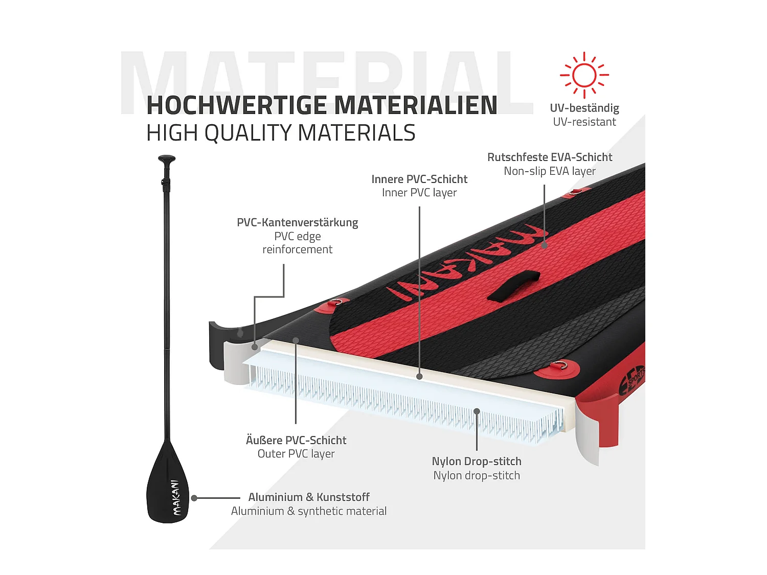 Planche stand up Makani 320x80x15 cm noir-rouge PVC gonflable jusqu'à 120 kg revêtement antidérapant avec pompe sac de transport kit réparation pagaie