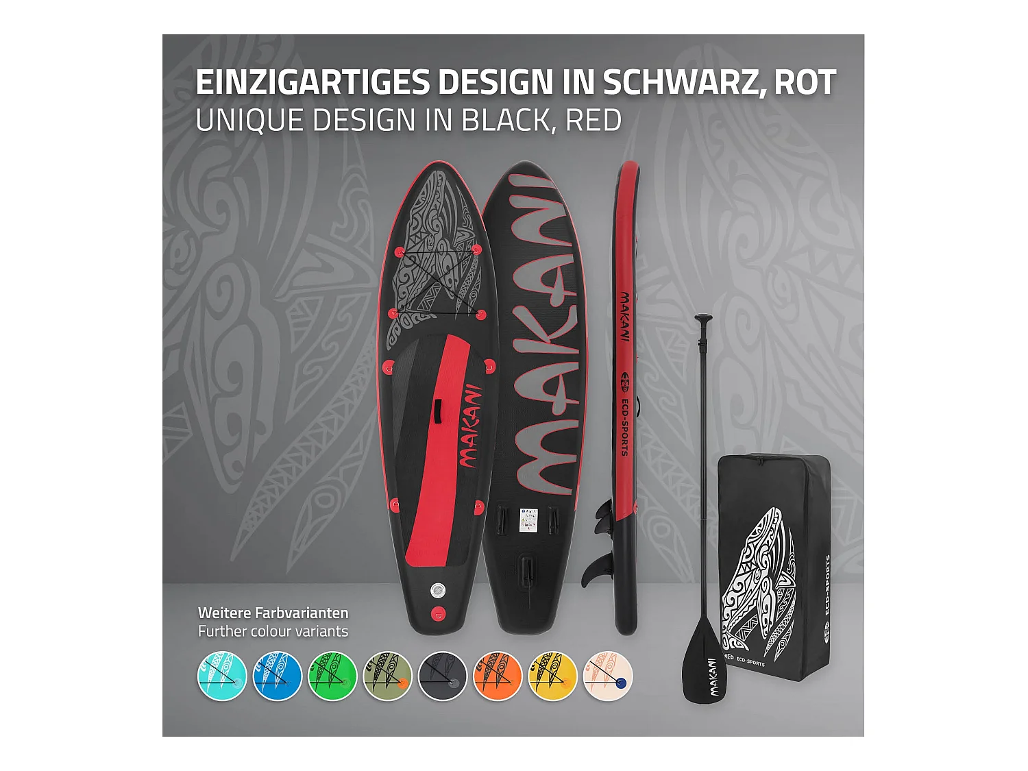 Planche stand up Makani 320x80x15 cm noir-rouge PVC gonflable jusqu'à 120 kg revêtement antidérapant avec pompe sac de transport kit réparation pagaie