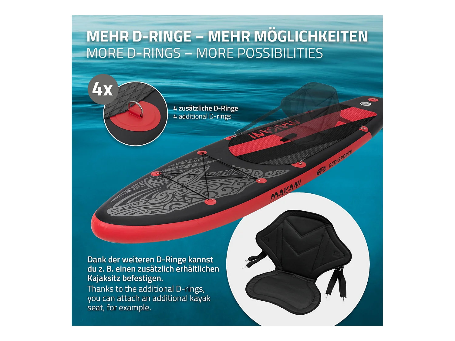 Planche stand up Makani 320x80x15 cm noir-rouge PVC gonflable jusqu'à 120 kg revêtement antidérapant avec pompe sac de transport kit réparation pagaie