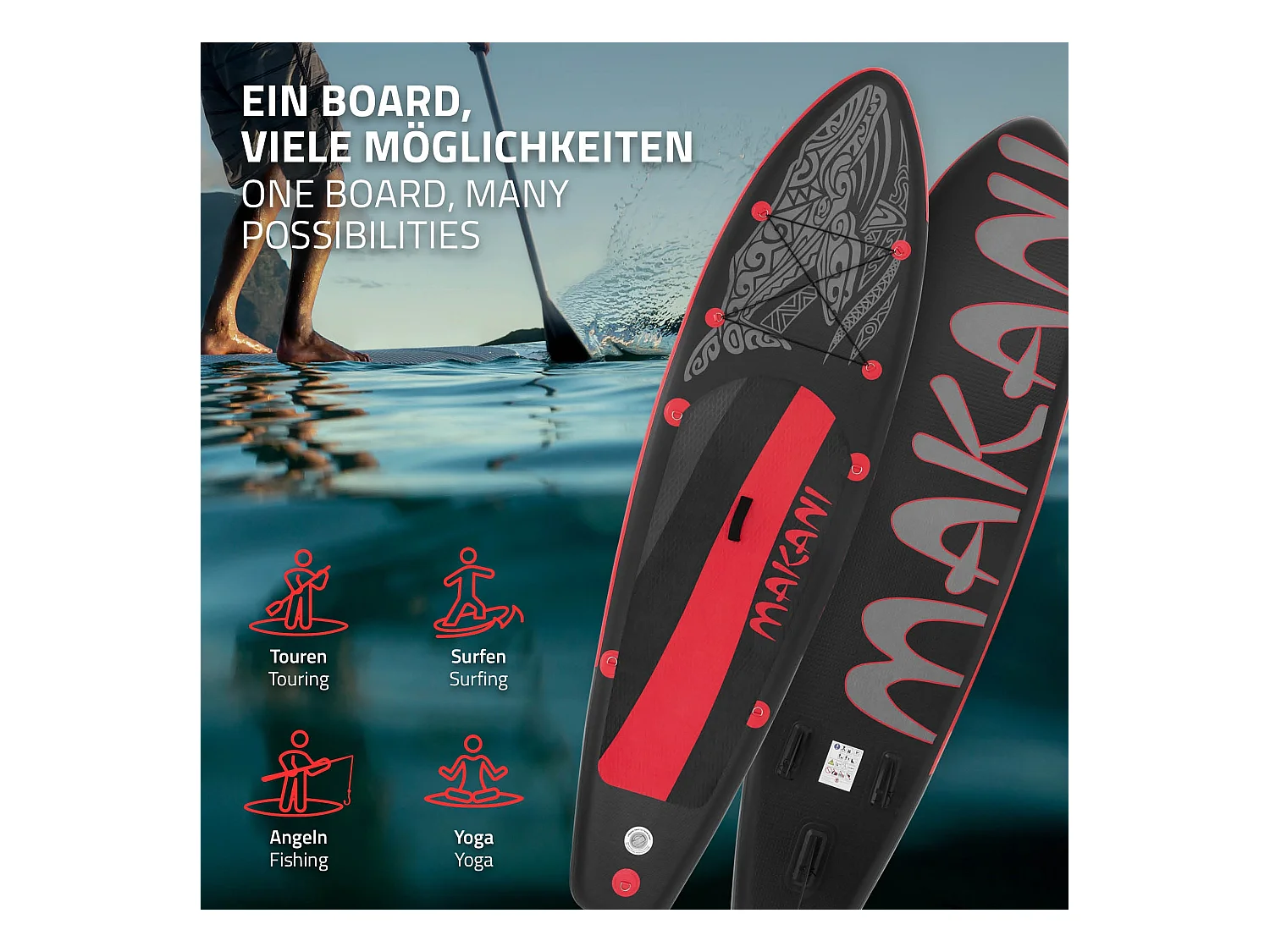 Planche stand up Makani 320x80x15 cm noir-rouge PVC gonflable jusqu'à 120 kg revêtement antidérapant avec pompe sac de transport kit réparation pagaie