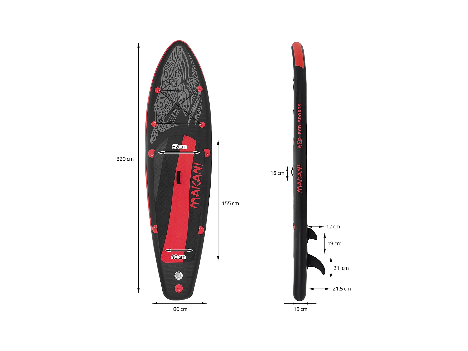 Planche stand up Makani 320x80x15 cm noir-rouge PVC gonflable jusqu'à 120 kg revêtement antidérapant avec pompe sac de transport kit réparation pagaie