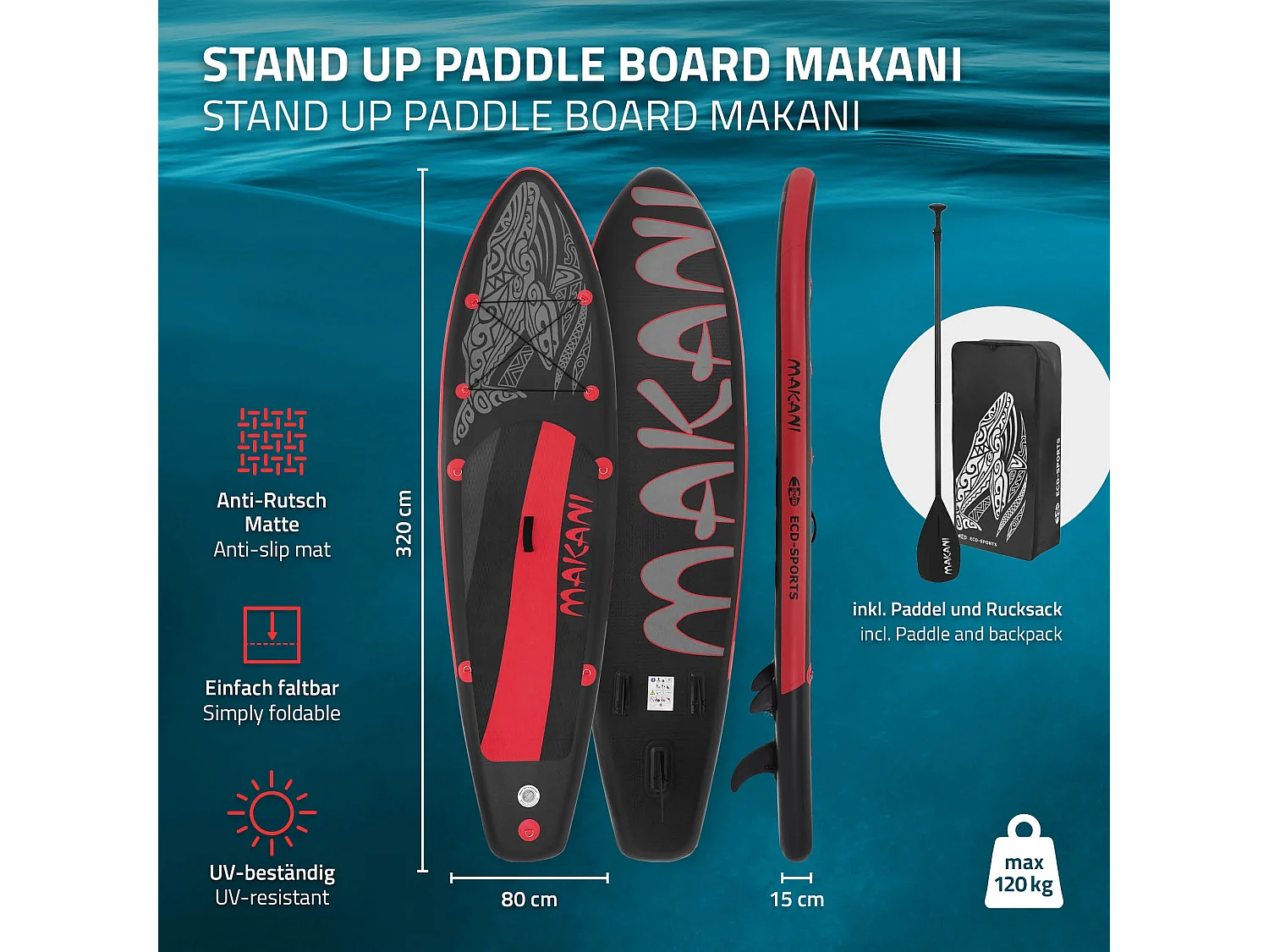 Planche stand up Makani 320x80x15 cm noir-rouge PVC gonflable jusqu'à 120 kg revêtement antidérapant avec pompe sac de transport kit réparation pagaie