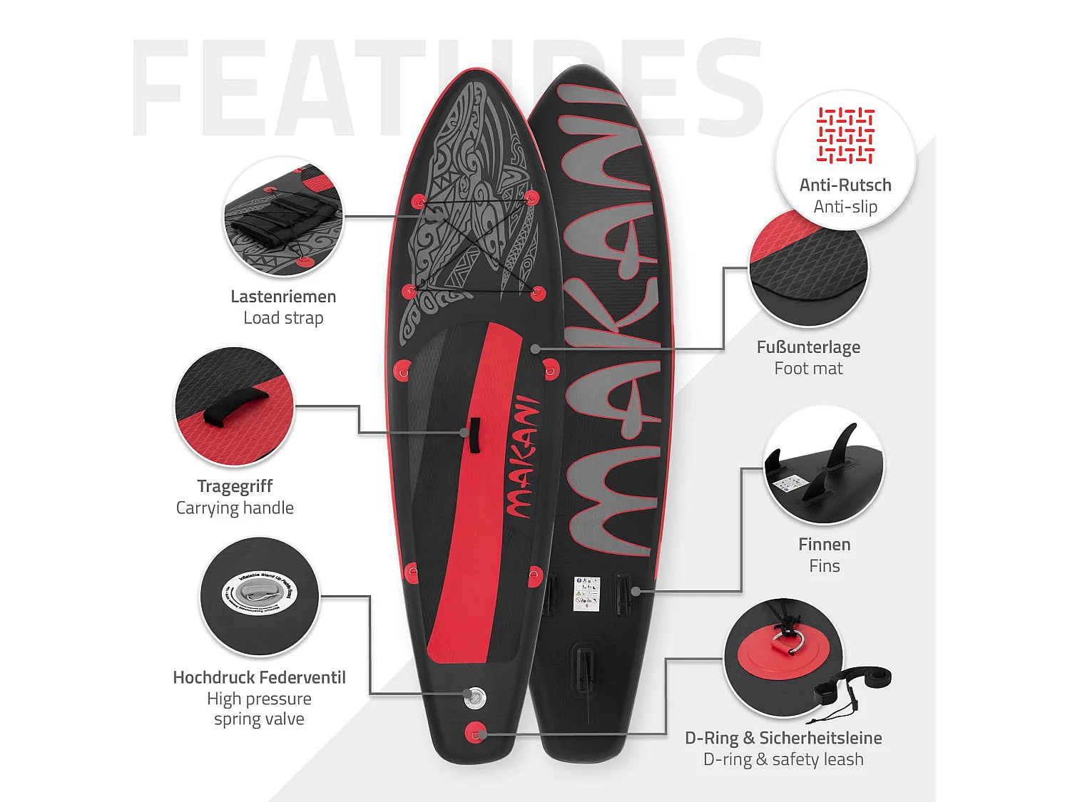 Planche stand up Makani 320x80x15 cm noir-rouge PVC gonflable jusqu'à 120 kg revêtement antidérapant avec pompe sac de transport kit réparation pagaie