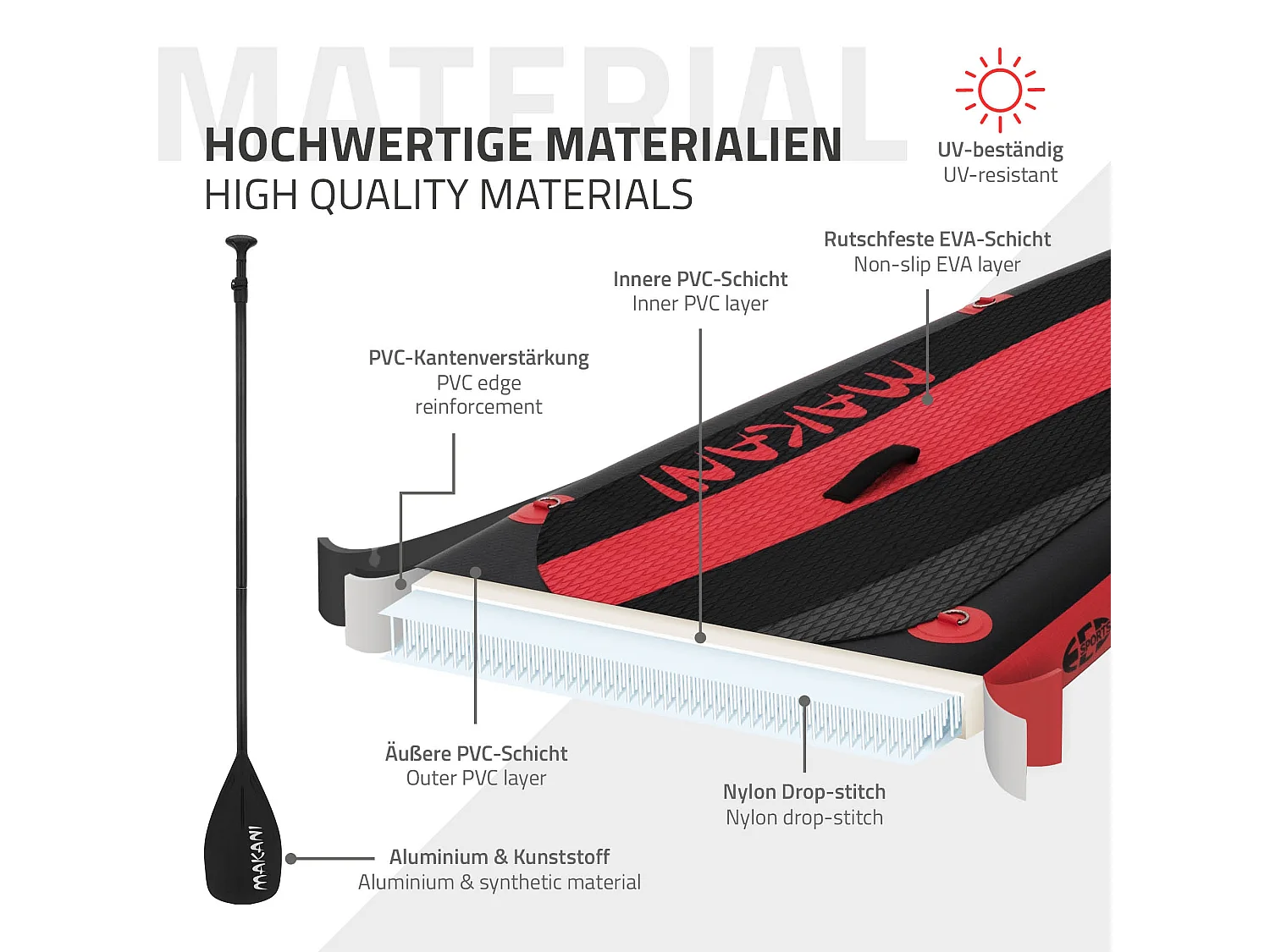 Planche stand up Makani 320x80x15 cm noir-rouge PVC gonflable jusqu'à 120 kg revêtement antidérapant avec pompe sac de transport kit réparation pagaie