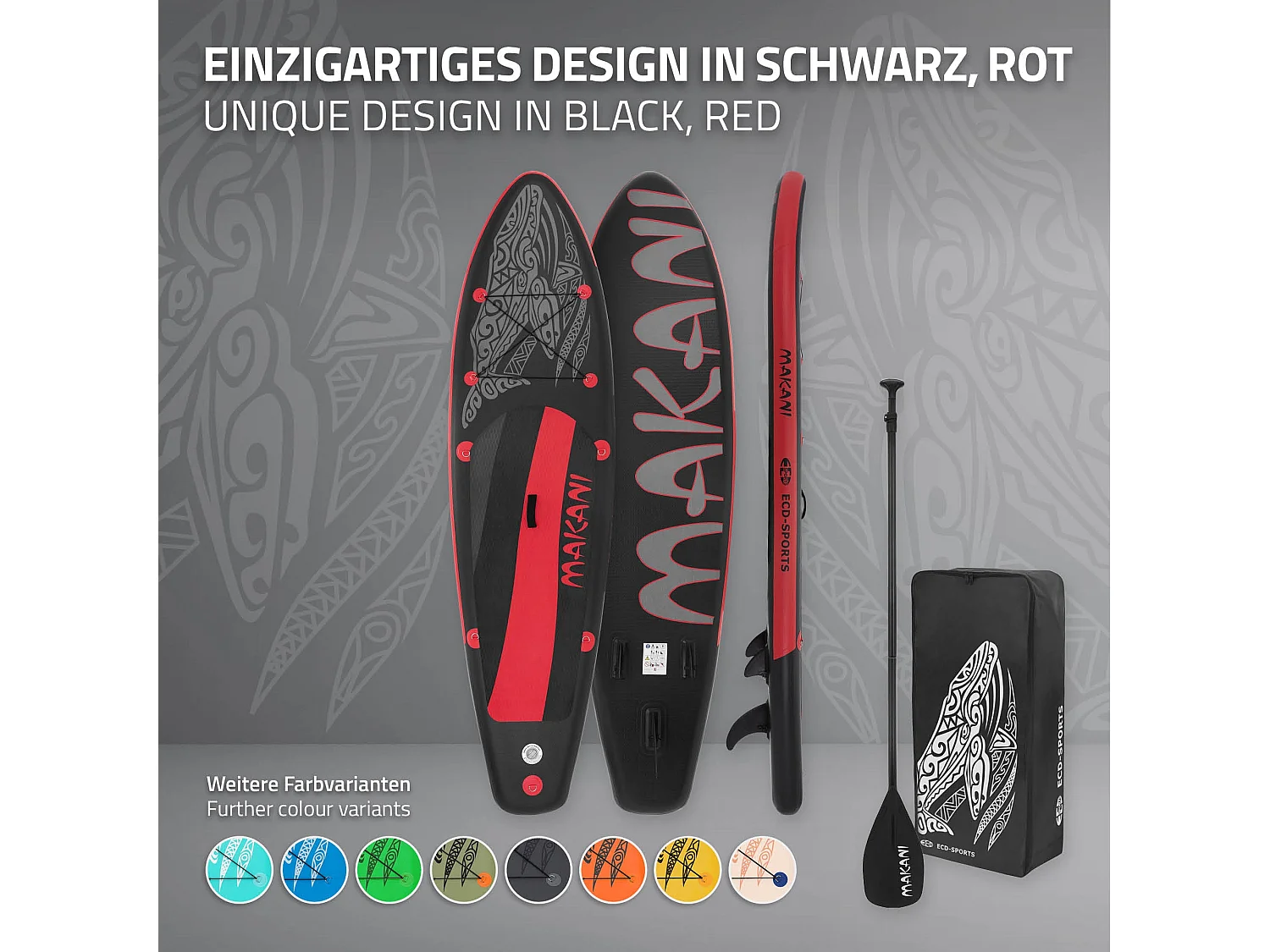 Planche stand up Makani 320x80x15 cm noir-rouge PVC gonflable jusqu'à 120 kg revêtement antidérapant avec pompe sac de transport kit réparation pagaie