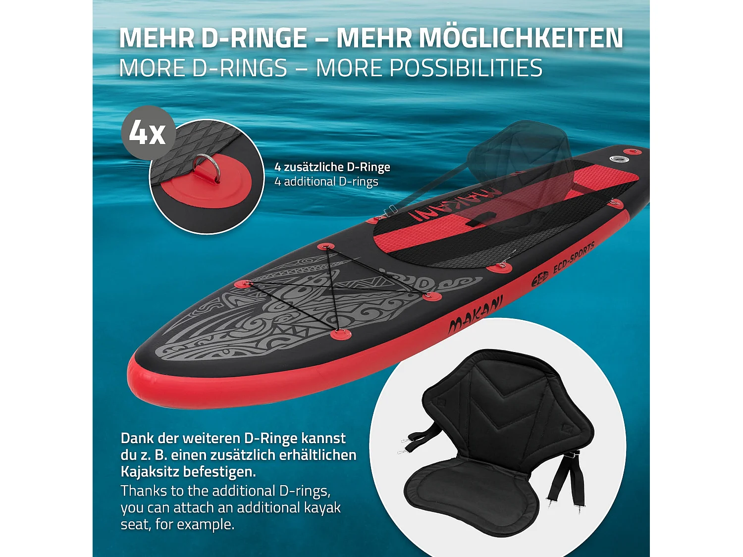 Planche stand up Makani 320x80x15 cm noir-rouge PVC gonflable jusqu'à 120 kg revêtement antidérapant avec pompe sac de transport kit réparation pagaie