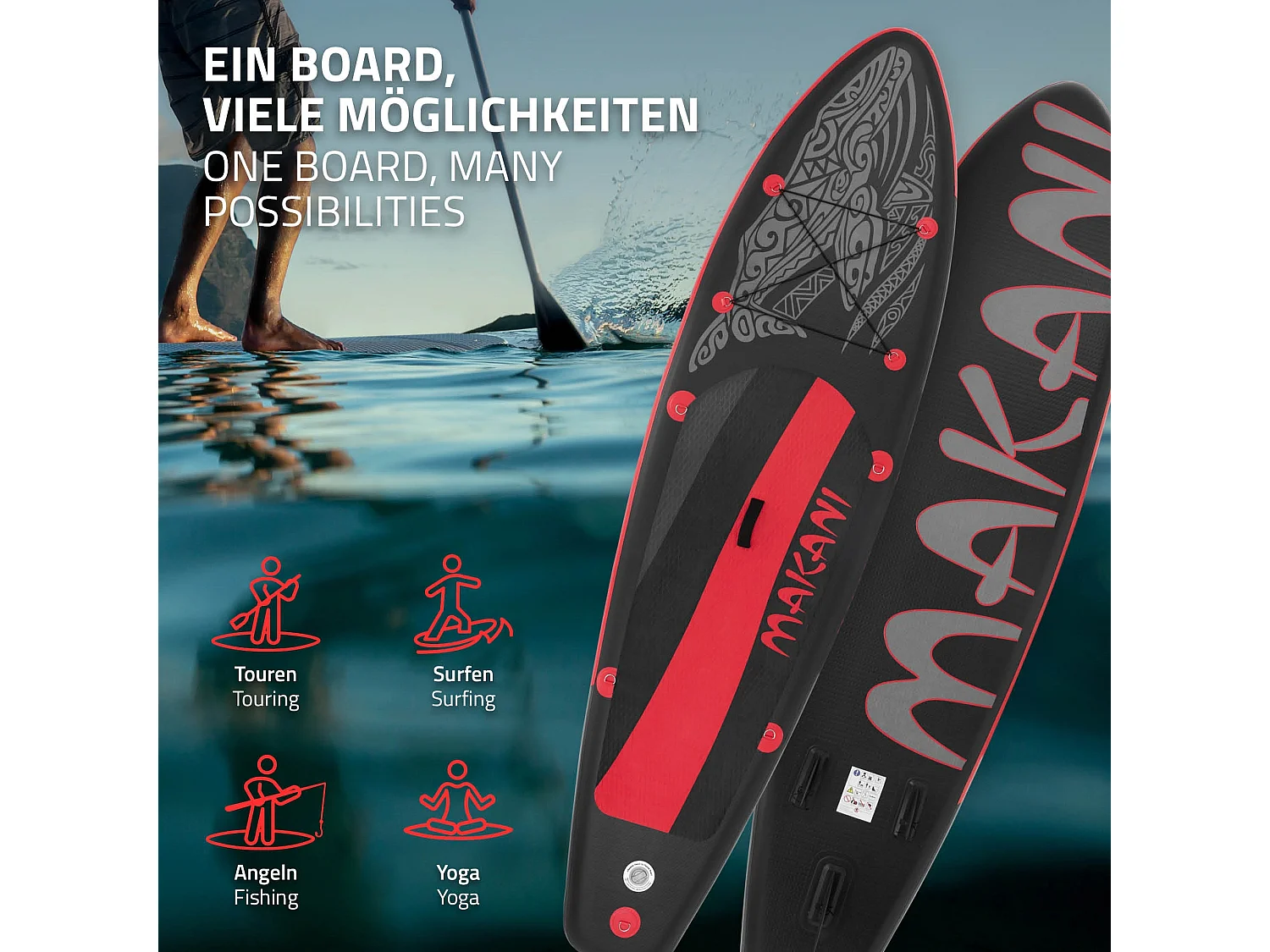 Planche stand up Makani 320x80x15 cm noir-rouge PVC gonflable jusqu'à 120 kg revêtement antidérapant avec pompe sac de transport kit réparation pagaie