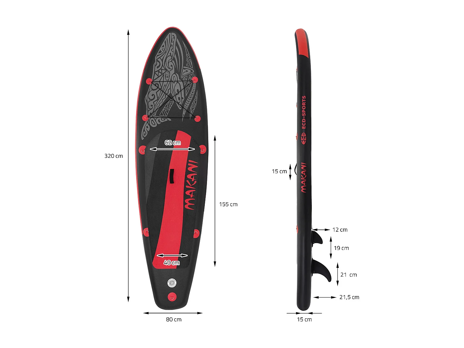 Planche stand up Makani 320x80x15 cm noir-rouge PVC gonflable jusqu'à 120 kg revêtement antidérapant avec pompe sac de transport kit réparation pagaie