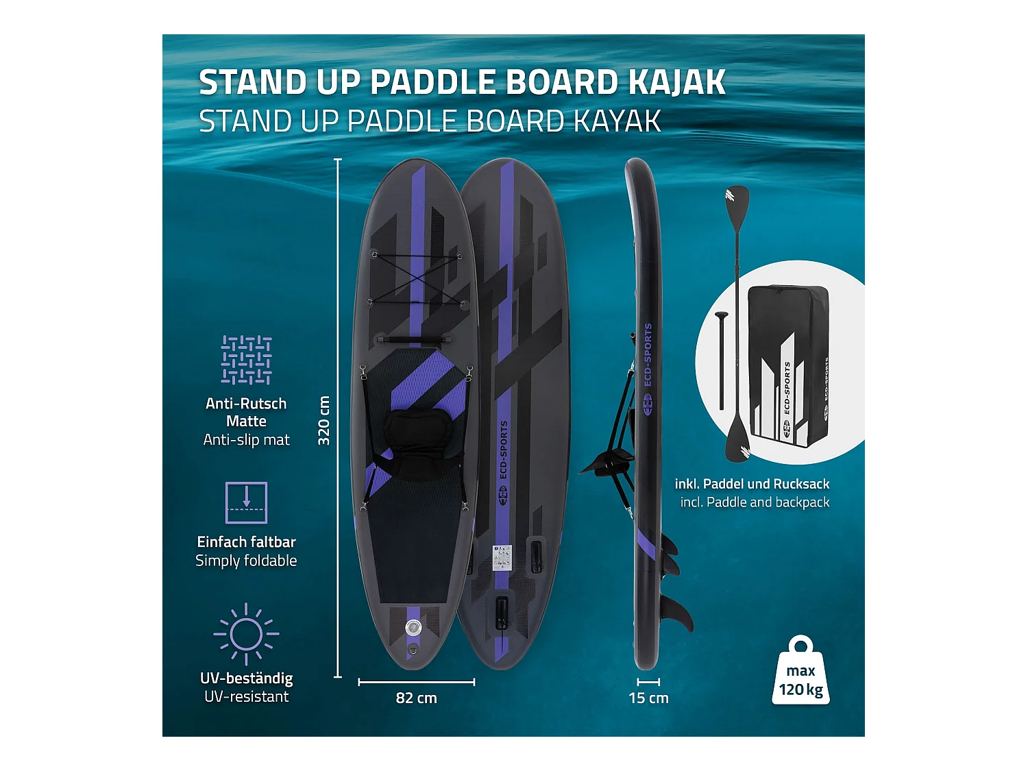 Planche stand up 320x82x15 cm noir PVC gonflable 120 kg revêtement antidérapant avec siège de kayak pompe sac de transport kit de réparation pagaie