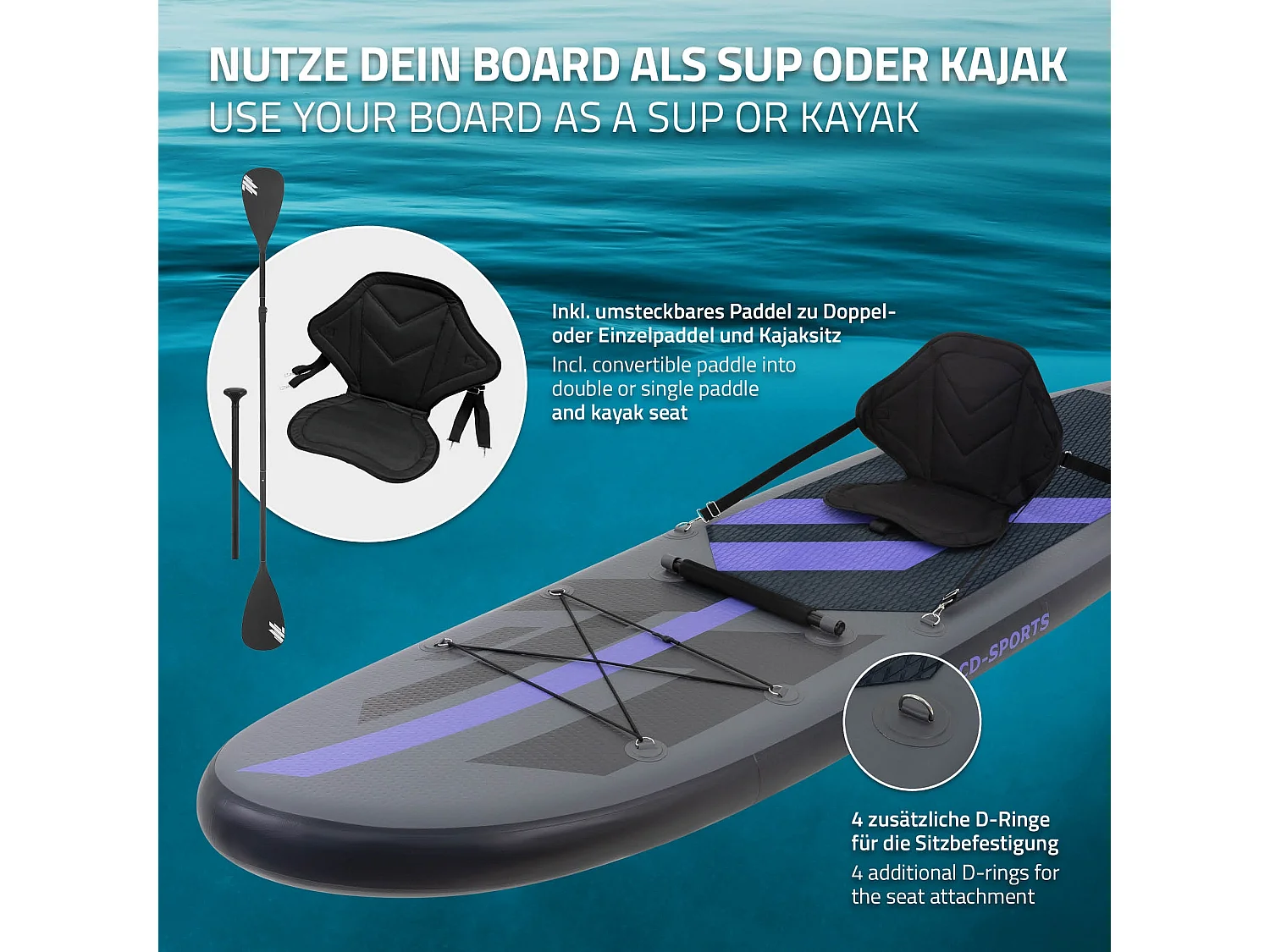 Planche stand up 320x82x15 cm noir PVC gonflable 120 kg revêtement antidérapant avec siège de kayak pompe sac de transport kit de réparation pagaie