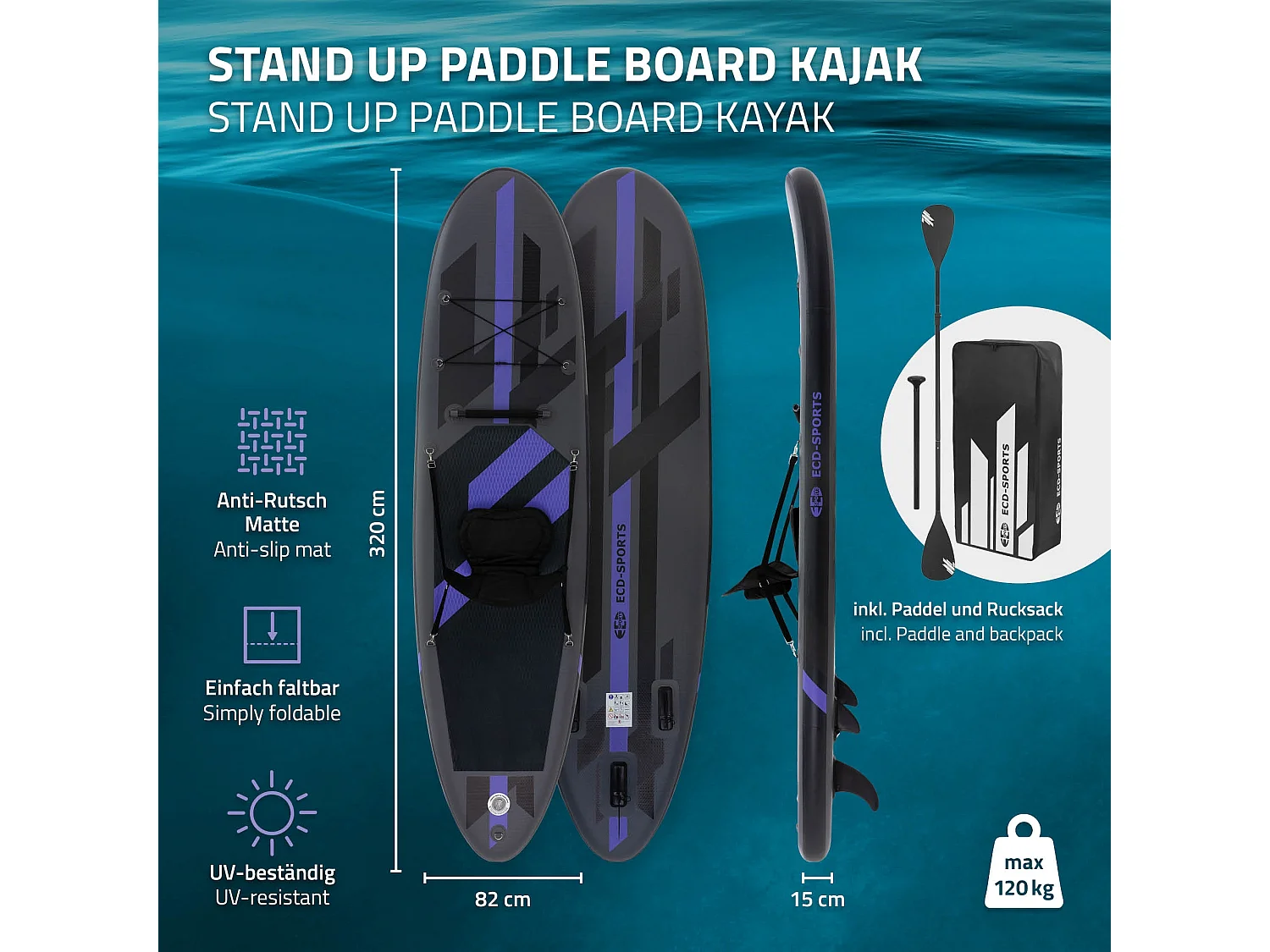 Planche stand up 320x82x15 cm noir PVC gonflable 120 kg revêtement antidérapant avec siège de kayak pompe sac de transport kit de réparation pagaie